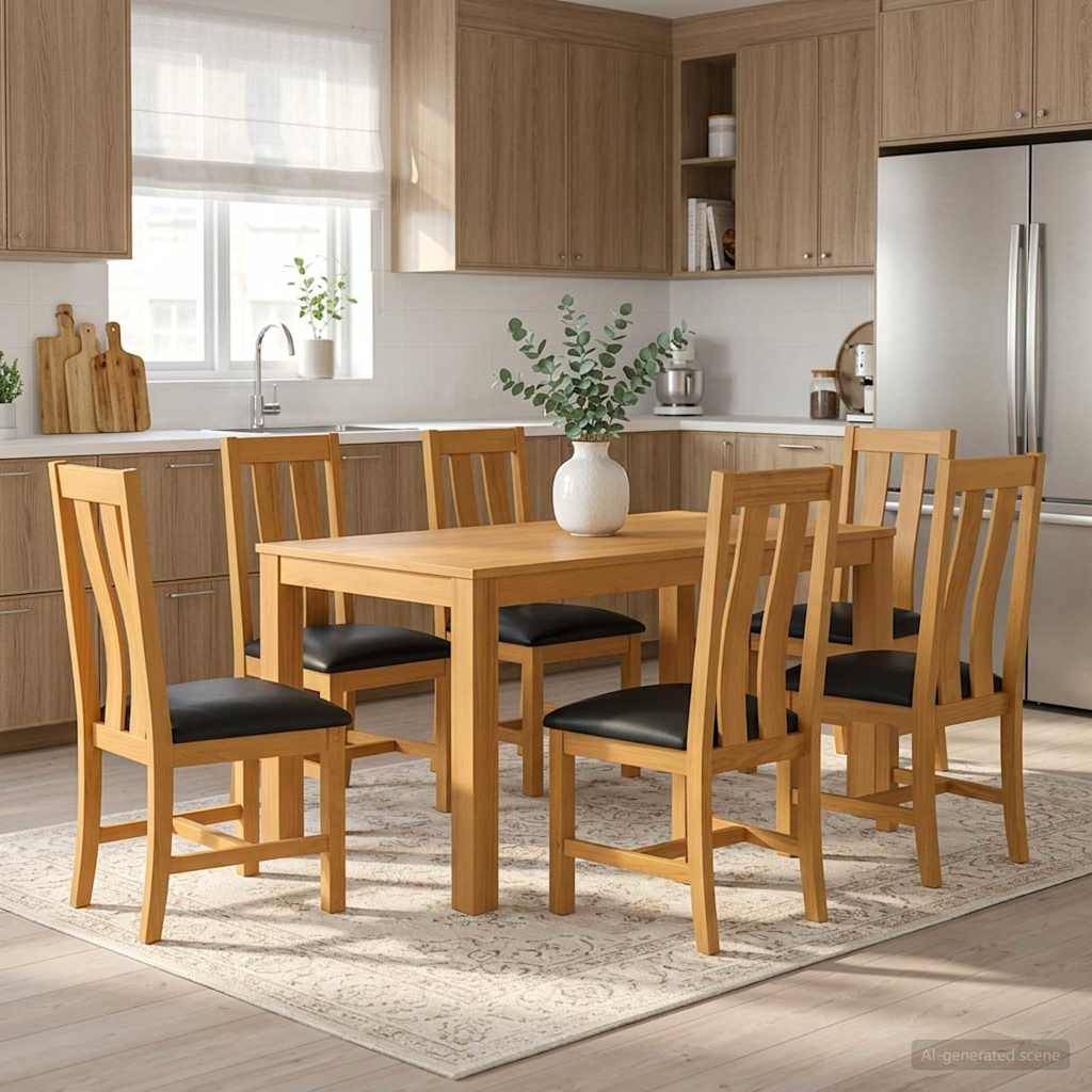 Helle moderne Küche mit einem Holzesstisch und sechs passenden Stühlen auf einem hellen Teppich, mit Schränken, Spüle und Edelstahlkühlschrank.