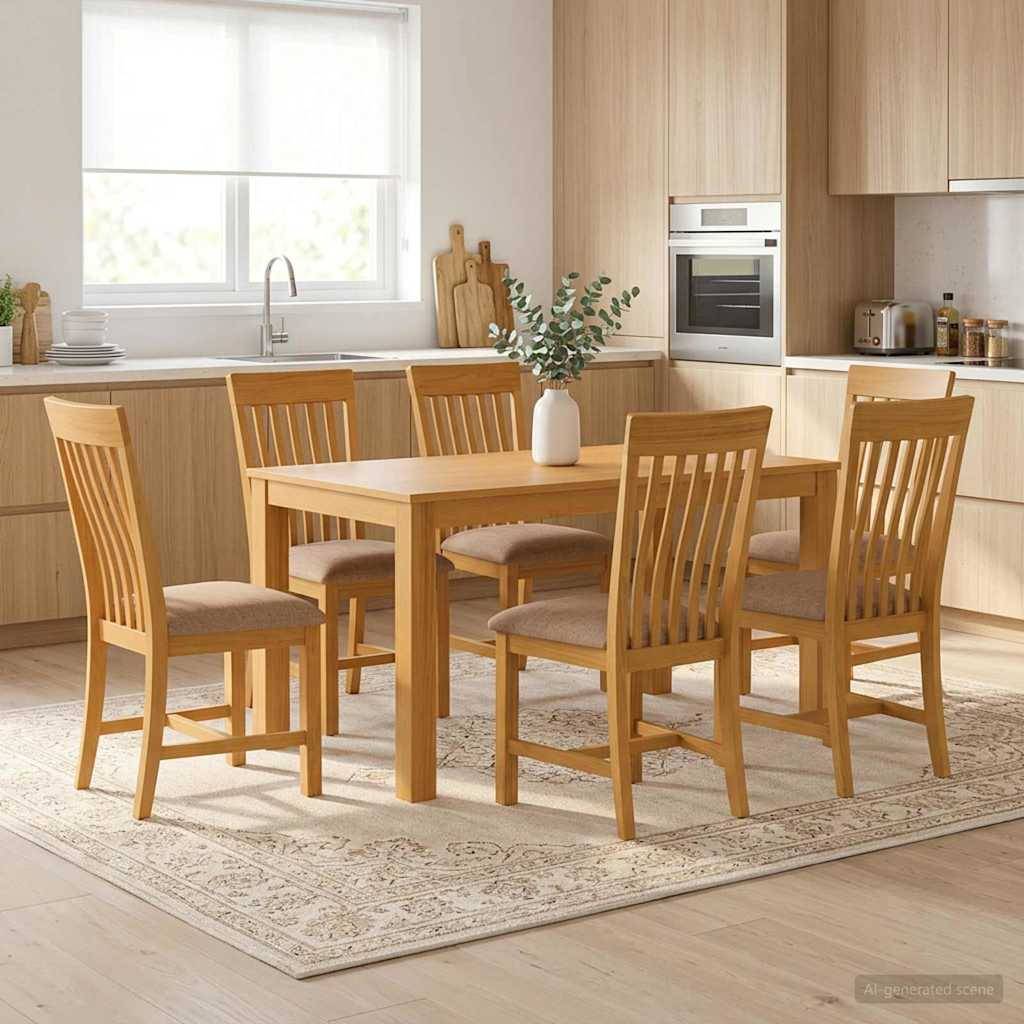 Moderner Küchen-Essbereich mit einem Holztisch und sechs Stühlen, einer Vasendekoration in der Mitte und eingebauten Geräten neben einem hellen Fenster.