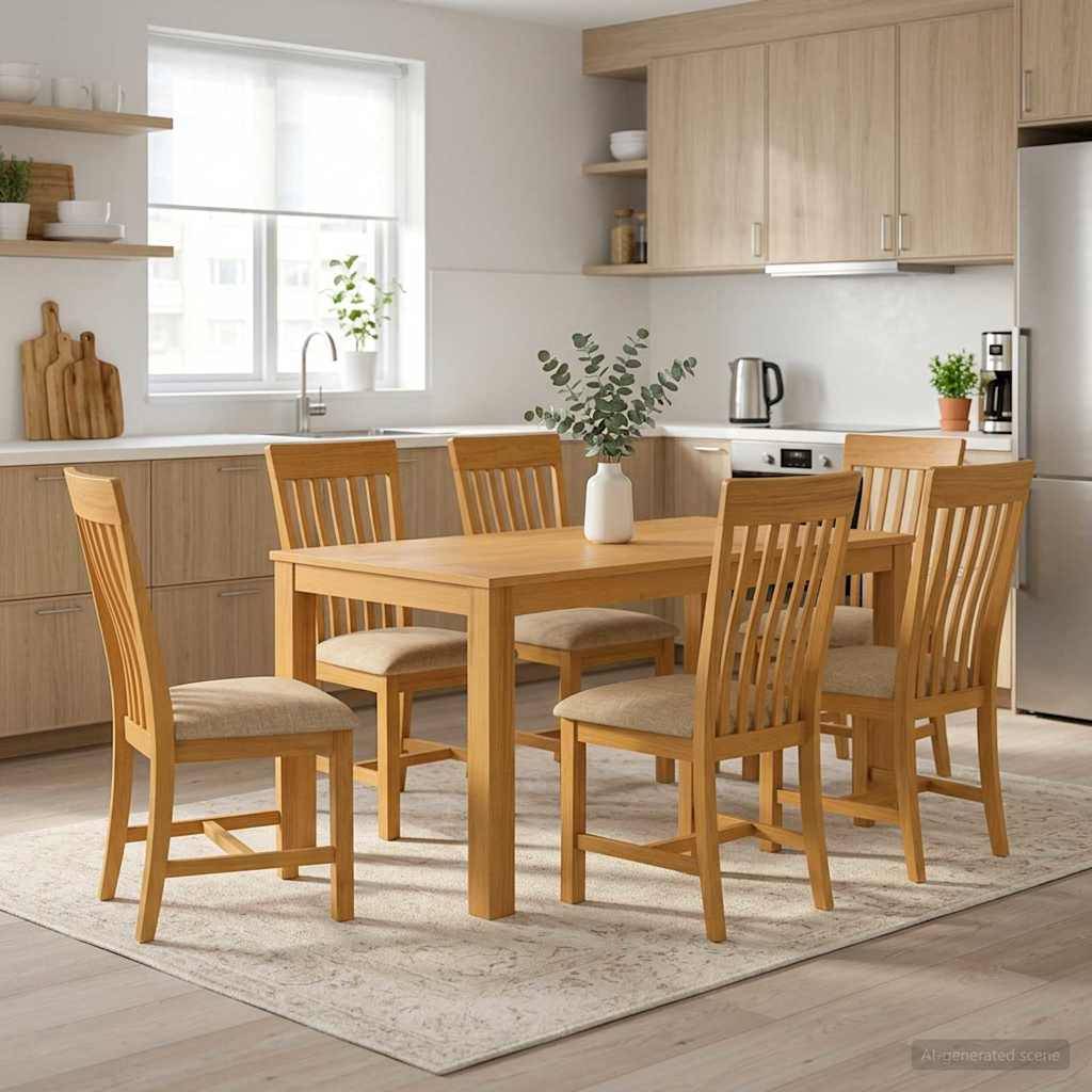 Holzesstisch mit sechs passenden Stühlen in einer hellen modernen Küche mit Schränken, Fenster, Spüle, Wasserkocher und Teppich.