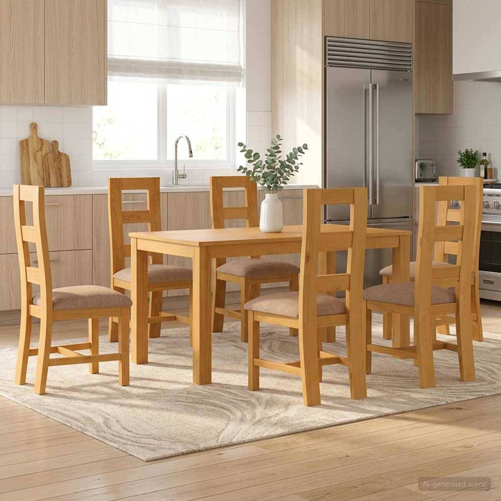 Modernes Wohn-Esszimmer mit hellem Holztisch, sechs passenden Stühlen, einem Teppich, Edelstahlkühlschrank und sonnendurchflutetem Fenster.