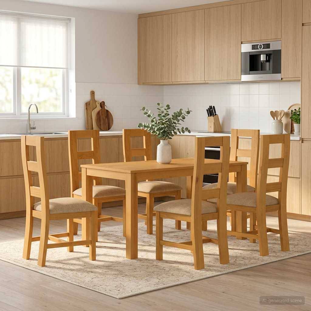 Moderner Esstisch aus Holz mit sechs passenden Stühlen in einer hellen Küche, mit einer Vase als Tischzentrum und eingebauten Schränken.