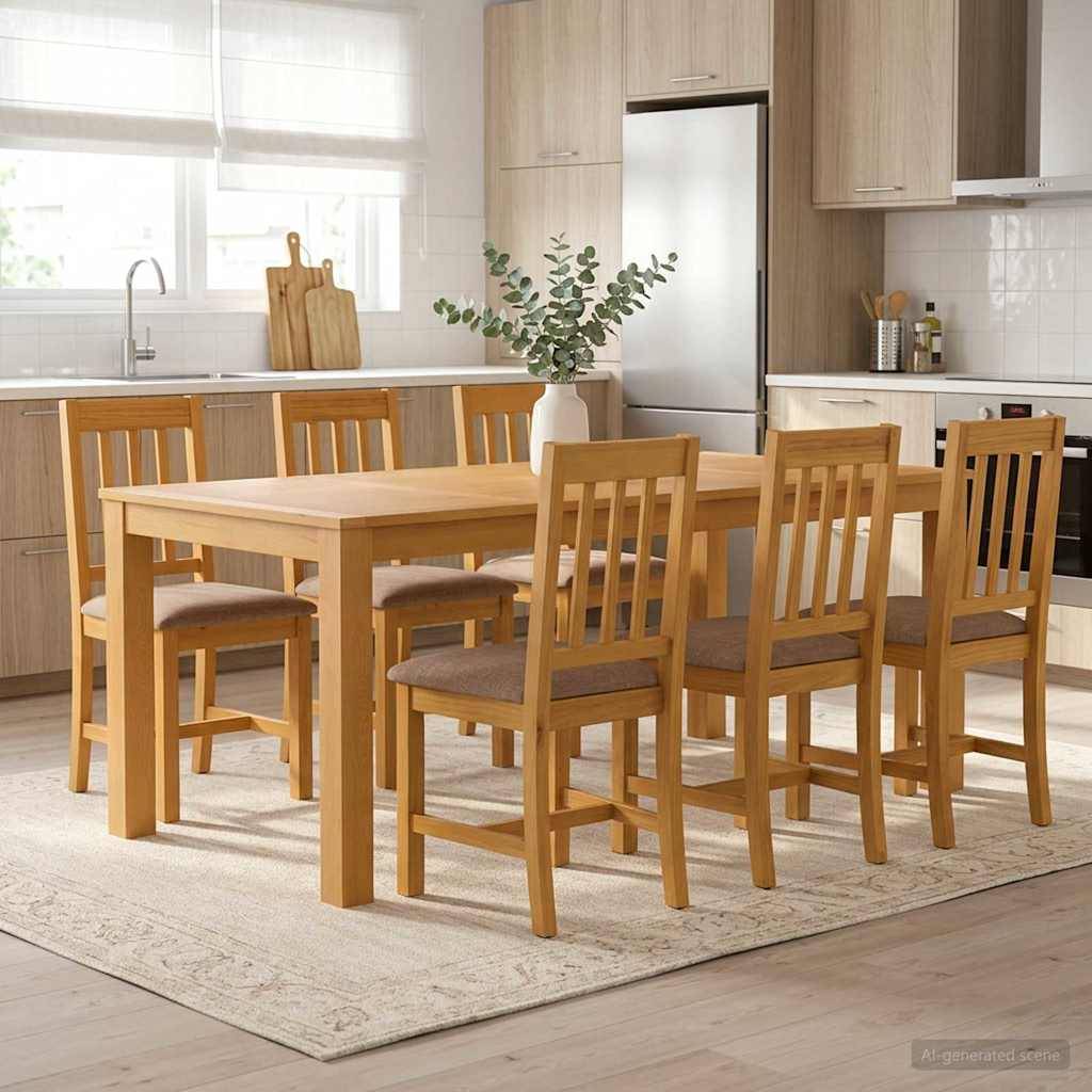 Holzesstisch mit sechs Stühlen in einer hellen modernen Küche, mit einem Kühlschrank, einer Spüle und einer Topfpflanze im Hintergrund.