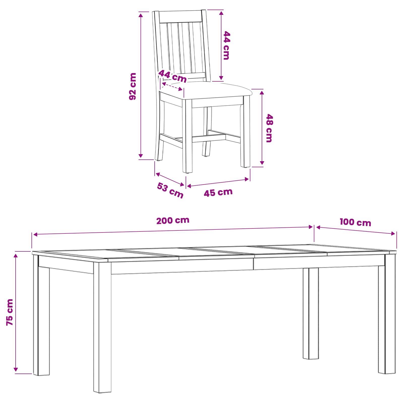 Maßstabgerechte Illustration eines Stuhls und eines rechteckigen Tisches, die den Stuhl mit 92 cm Höhe und den Tisch mit 75 cm Höhe, 200 cm Länge und 100 cm Breite zeigt.