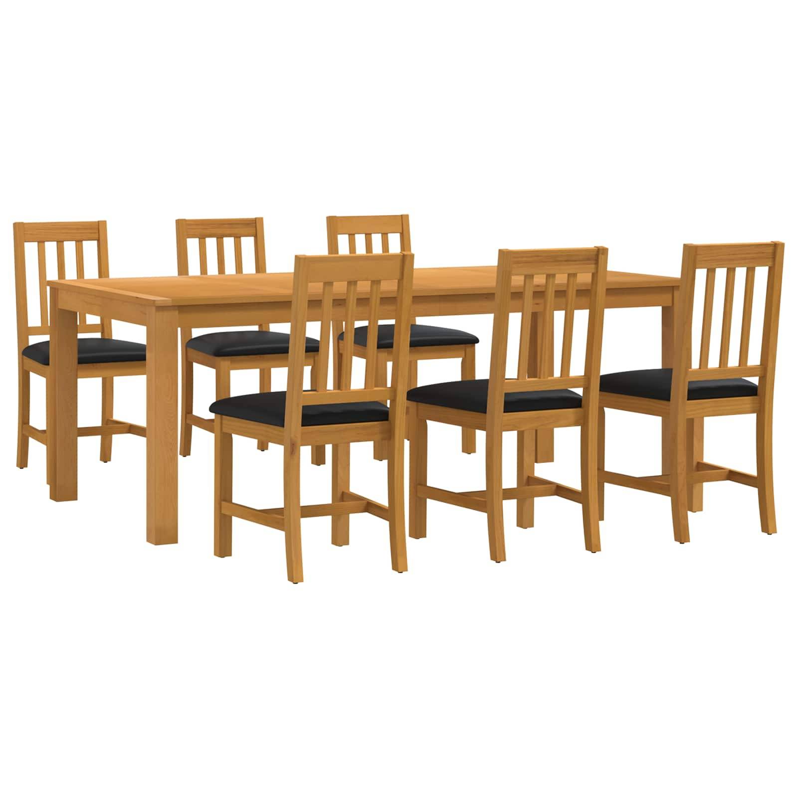Holztisch mit sechs passenden Stühlen, dargestellt als Möbelsatz auf weißem Hintergrund.