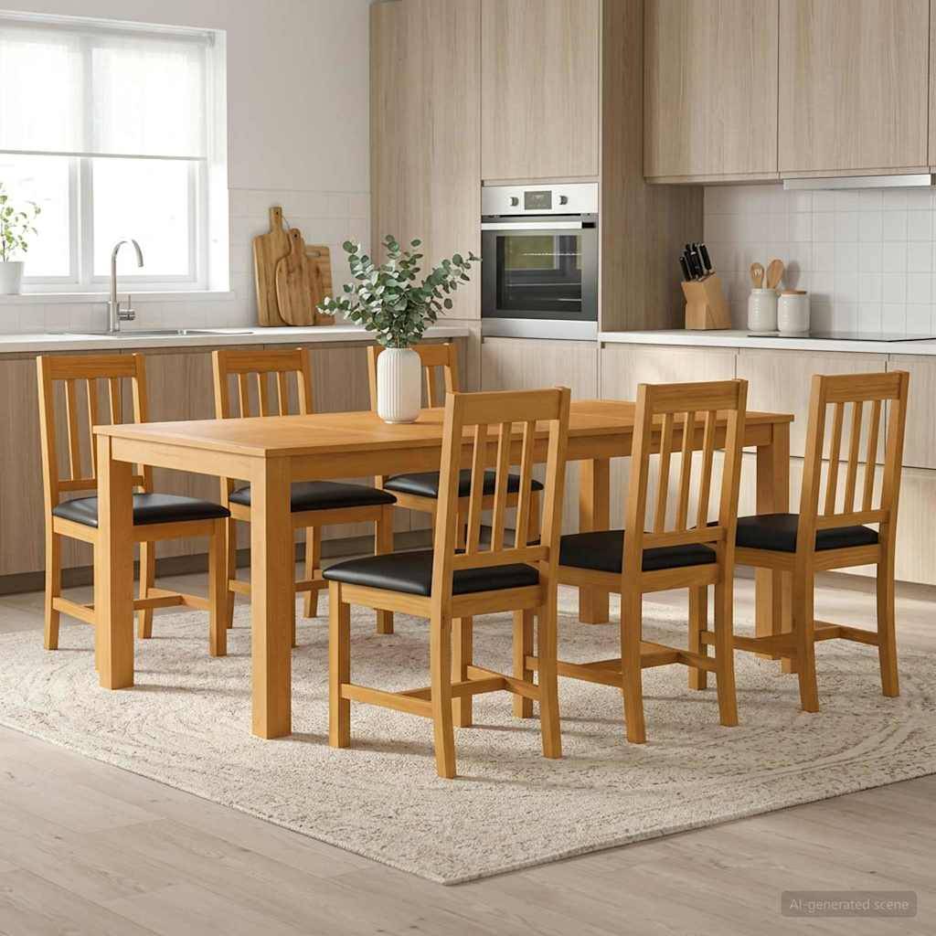 Modernes Esszimmer mit einem Holztisch, sechs Stühlen und einer Vasenmitte in einem hellen Küchenbereich.
