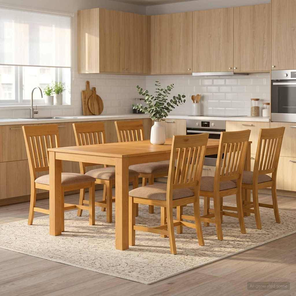Moderne Küche mit einem Holzesstisch und acht Stühlen auf einem hellen Teppich, plus Schränke, Fenster und weiße Arbeitsplatten im Hintergrund.