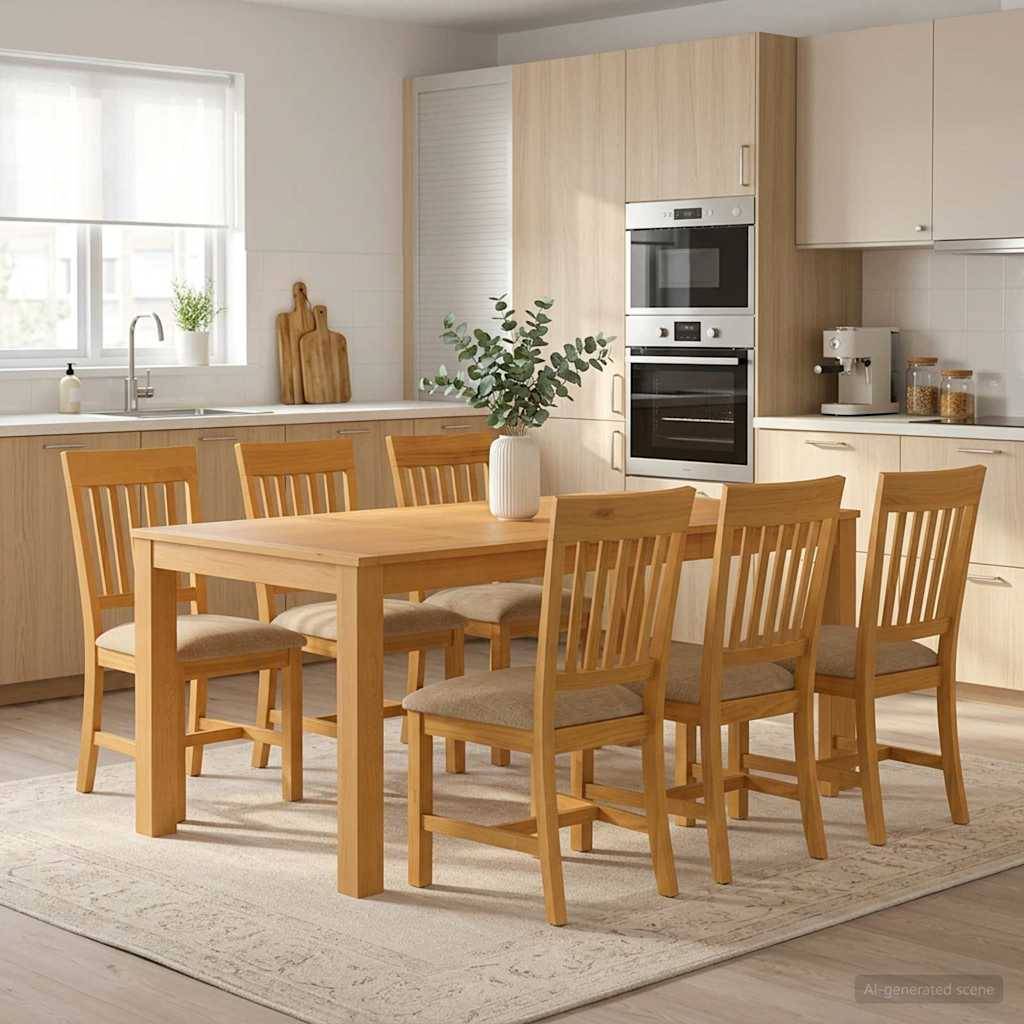 Modernes Esszimmer mit hellem Holz, rechteckigem Tisch, sechs Stühlen und einer Blumenvase als Tischdekoration in einer hellen Küche.