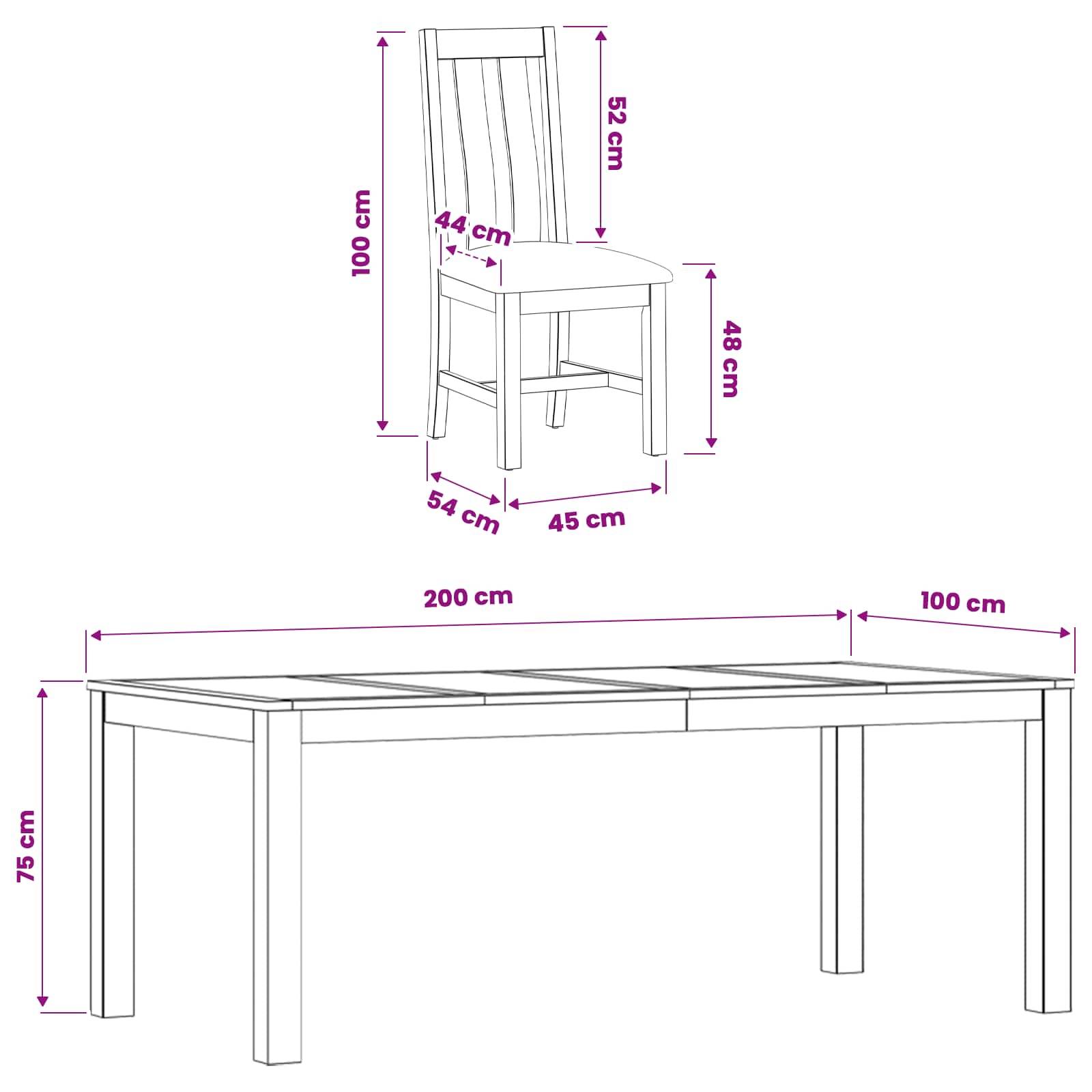 Möbel-Maßstabszeichnung mit einem Stuhl und einem Tisch; der Stuhl ist 100 cm hoch, 54 cm breit, 45 cm tief, mit 48 cm Sitzhöhe und 52 cm Rückenlehne. Der Tisch ist 300 cm lang und 75 cm hoch.