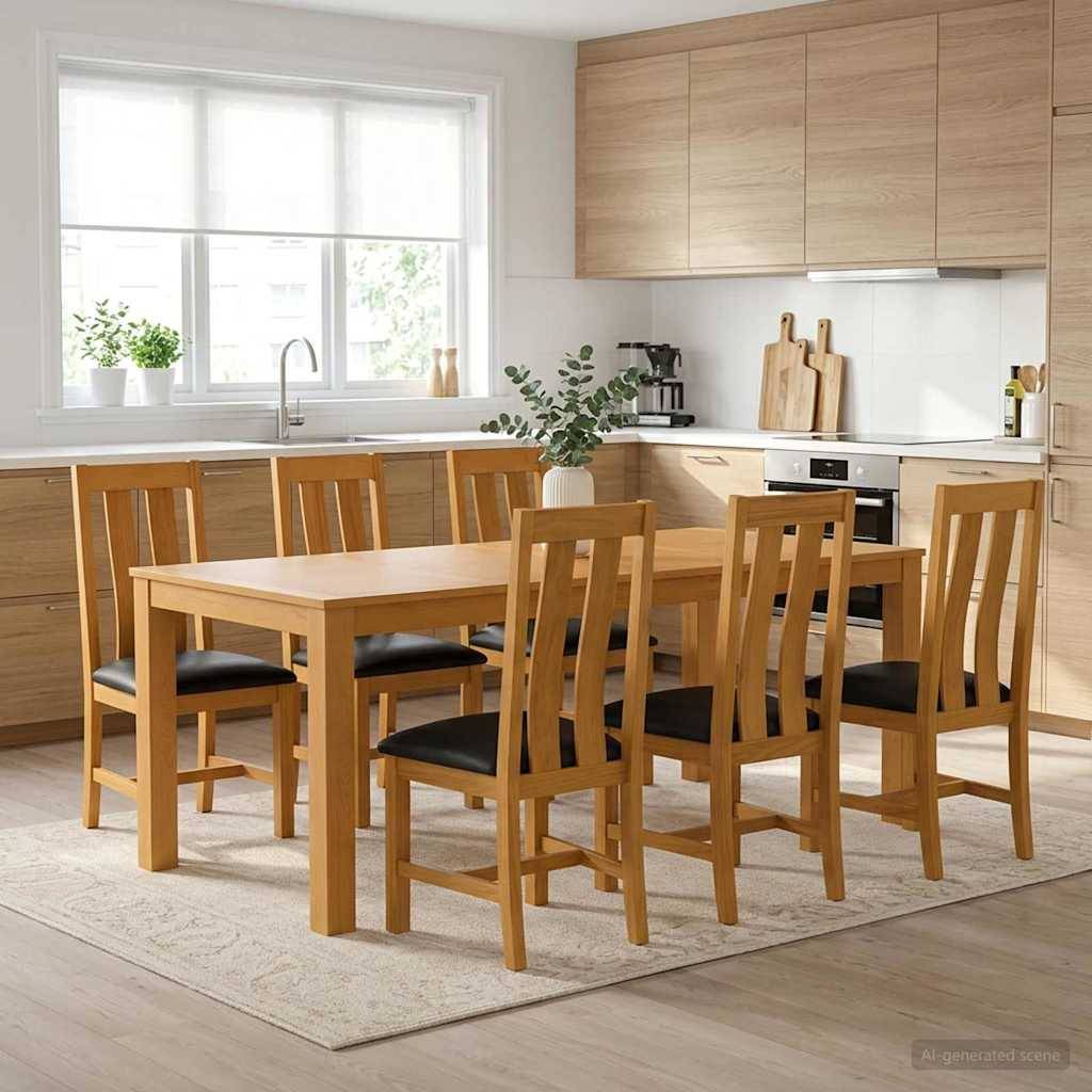 Moderne Küche mit einem Holzesstisch und sechs Stühlen auf einem hellen Teppich, neben einem Fenster und einer Spüle mit Holzschränken und Arbeitsplatten.