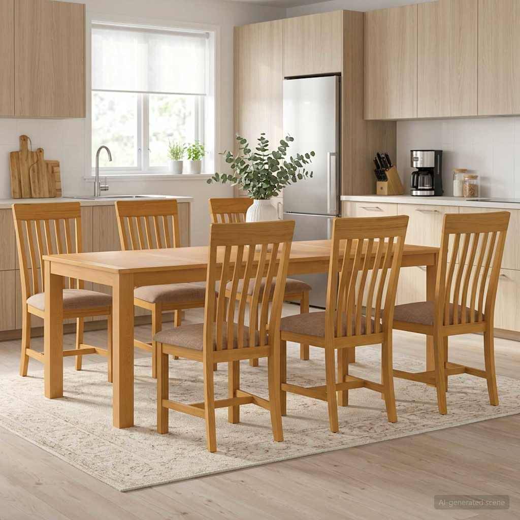 Modernes Esszimmer mit einem Tisch aus hellem Holz und sechs passenden Stühlen auf einem Teppich, in einer hellen Küche mit Schränken, Fenster und Kühlschrank.