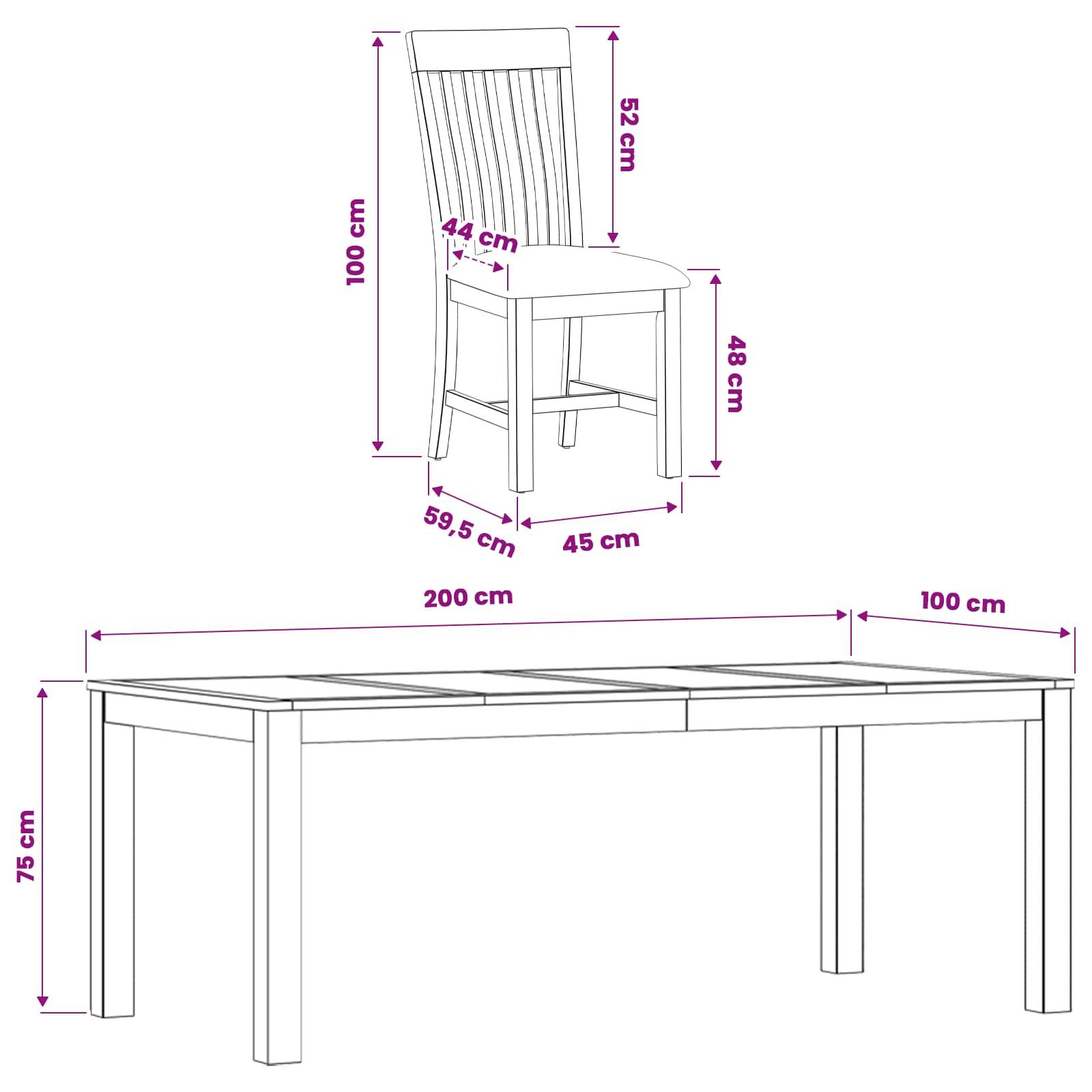 Bemaßte Linienzeichnung eines Stuhls und eines Tisches: Stuhl 100 cm hoch, Sitzfläche 48 cm, Tisch 75 cm hoch und 200 cm lang plus 100 cm Verlängerung.
