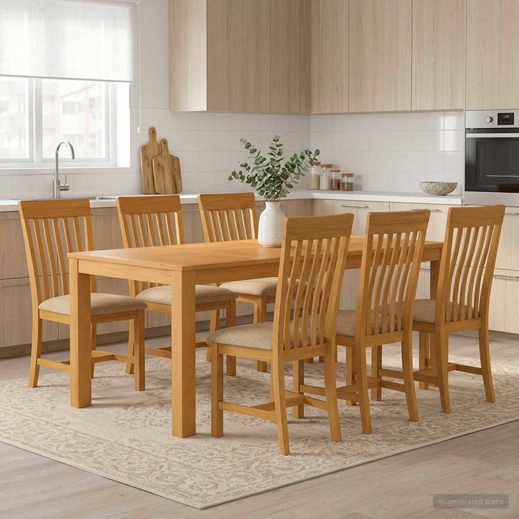 Moderner Küchen-Essbereich mit einem Holztisch und acht passenden Stühlen auf einem hellen Teppich, vor hellen Holzschränken und einer weißen Arbeitsplatte.