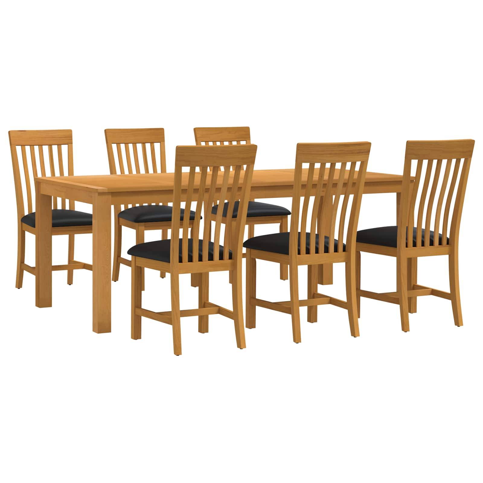Holzesszimmertischset mit sechs passenden Stühlen auf weißem Hintergrund.