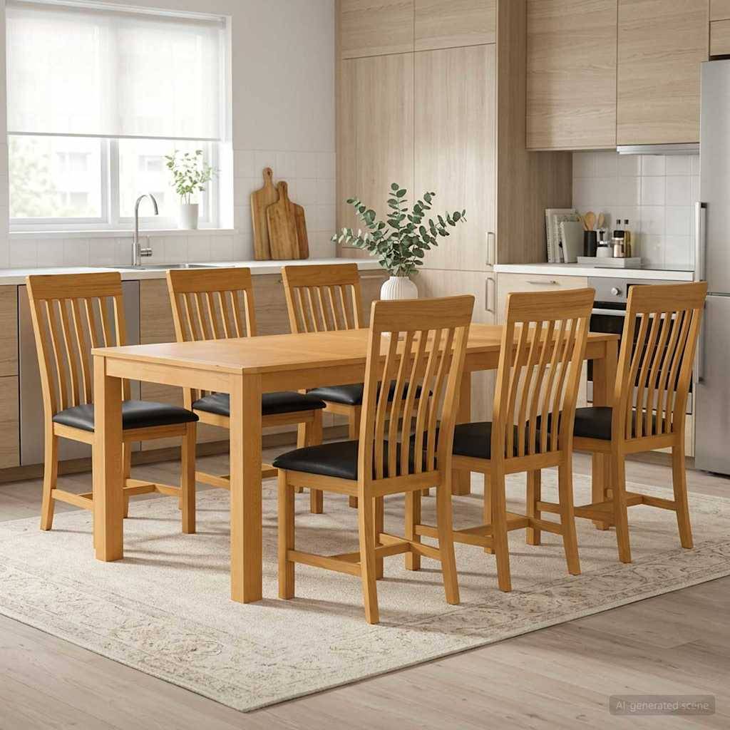 Holztisch zum Essenzimmer mit sechs passenden Stühlen in einer hellen modernen Küche, auf einem hellen Teppich in der Nähe eines Fensters aufgestellt.