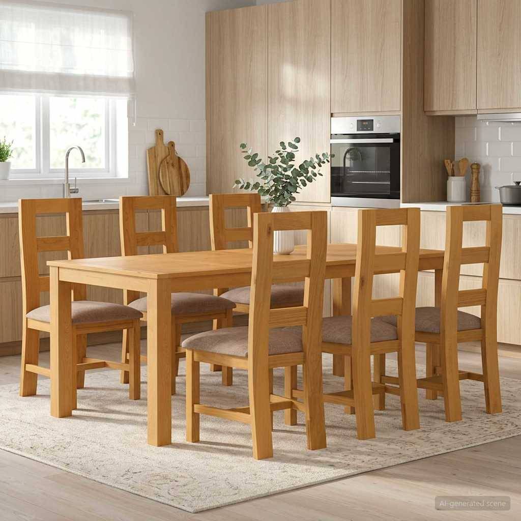 Holztisch zum Speisen mit sechs Stühlen in einer hellen modernen Küche mit hellen Schränken, eingebautem Backofen und großem Fenster.