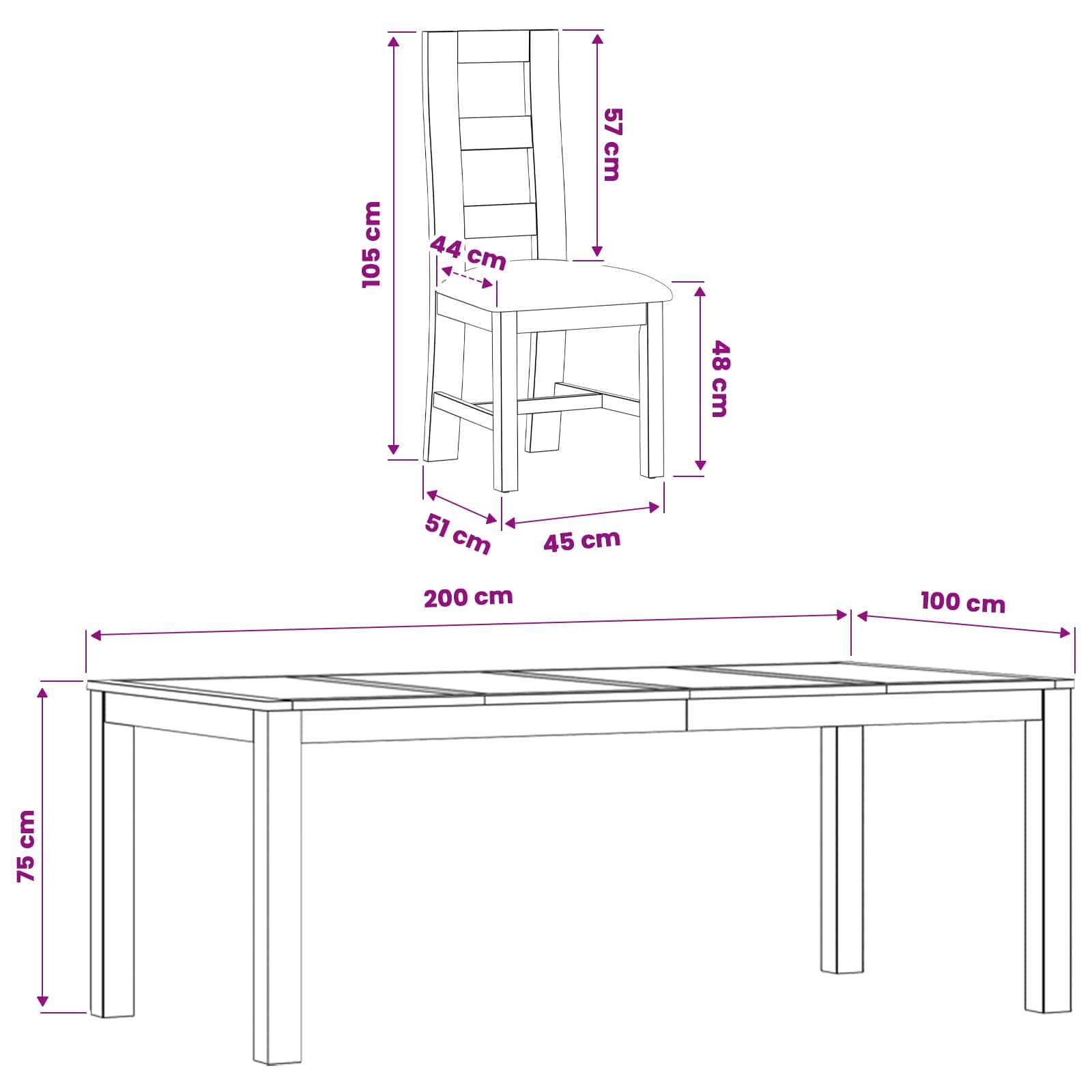 Dimensionierte Linienzeichnung eines Esszimmerstuhls und Tisches: Stuhl 105 cm hoch, Sitzfläche 48 cm, Tisch 75 cm hoch mit 200 cm und 100 cm langen Abschnitten.
