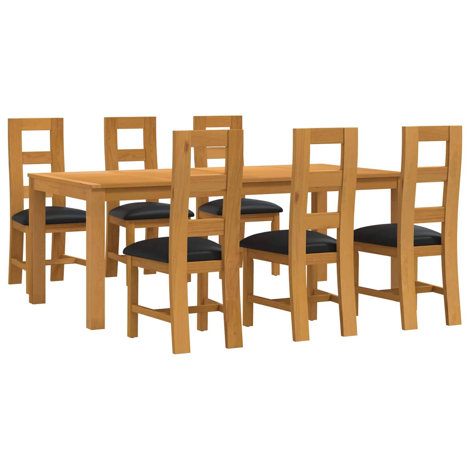Holztisch mit sechs passenden Stühlen, gezeigt auf weißem Hintergrund.