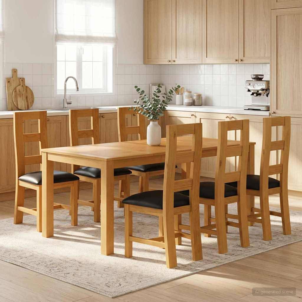 Helle moderne Küchen-Essbereich mit einem Holztisch, sechs Stühlen und einer Vasendekoration neben weißen Schränken und einem Fenster-Waschbecken.