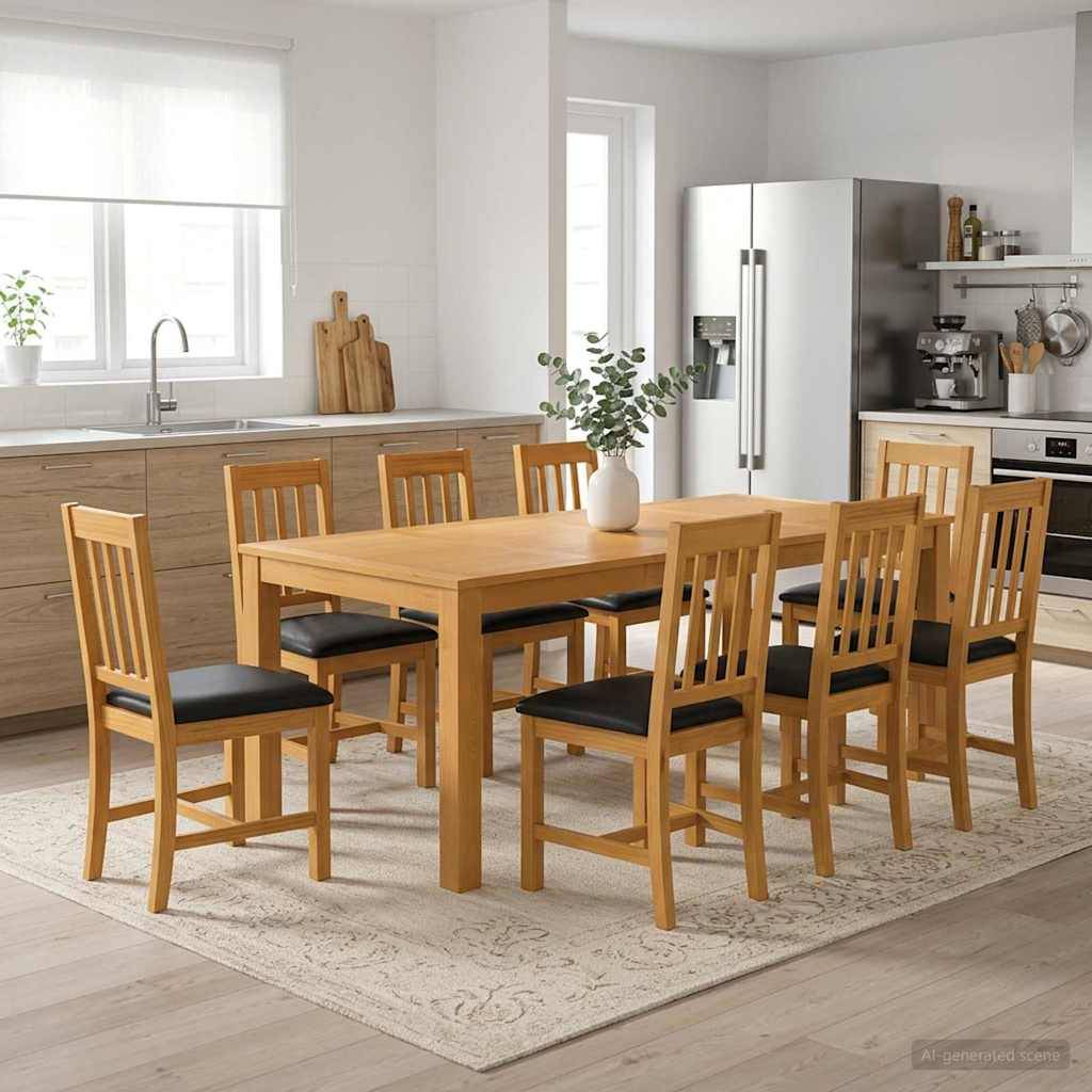 Moderner Küchen-Essbereich mit einem Holztisch, sechs Stühlen und einer Vasendekoration auf einem Teppich neben einem Spülbecken, Kühlschrank und Herd.