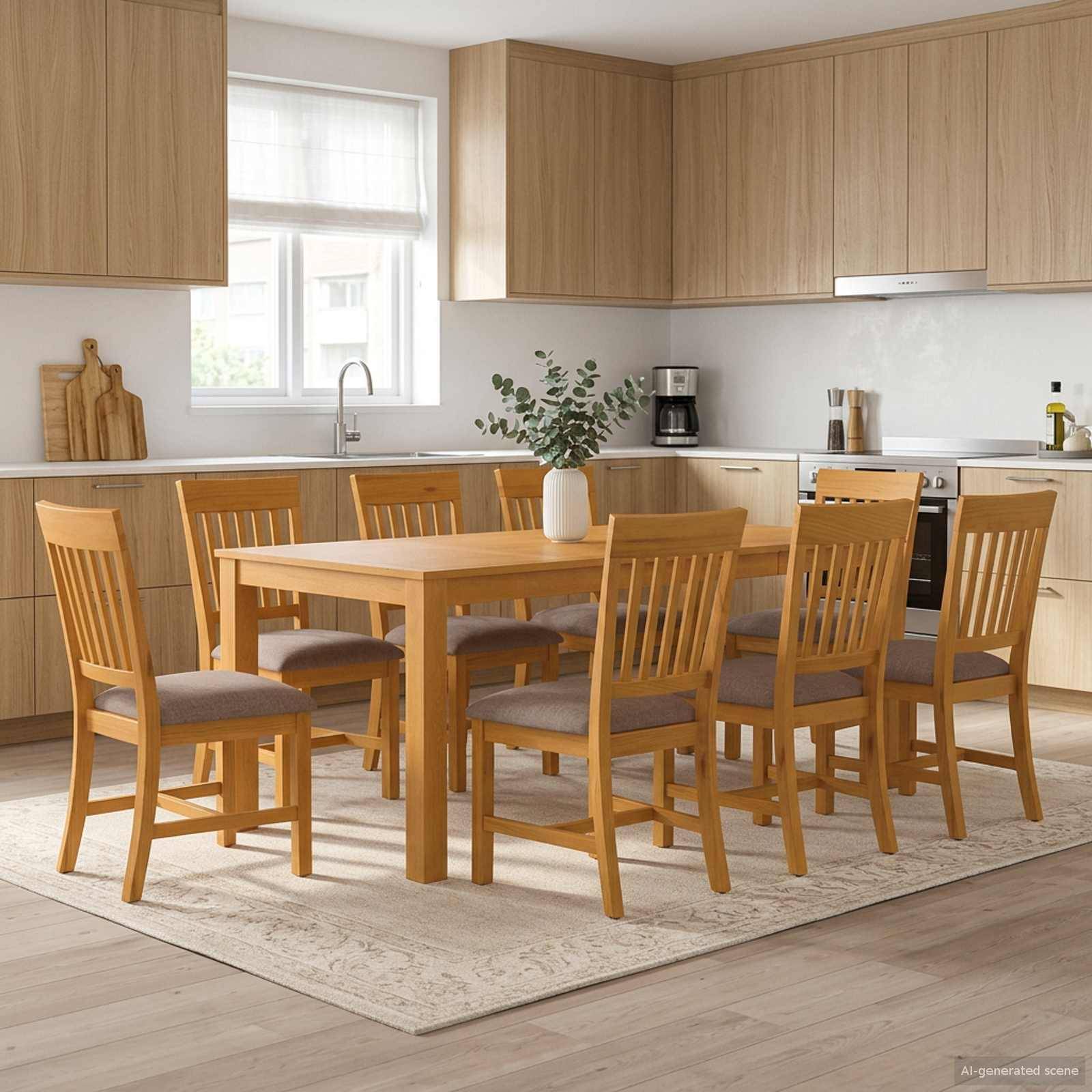 Moderner Küchen-Essbereich mit einem Holztisch und acht Stühlen auf einem hellen Teppich, vor hellen Holzschränken, einem Fenster und Küchengeräten auf der Arbeitsplatte.