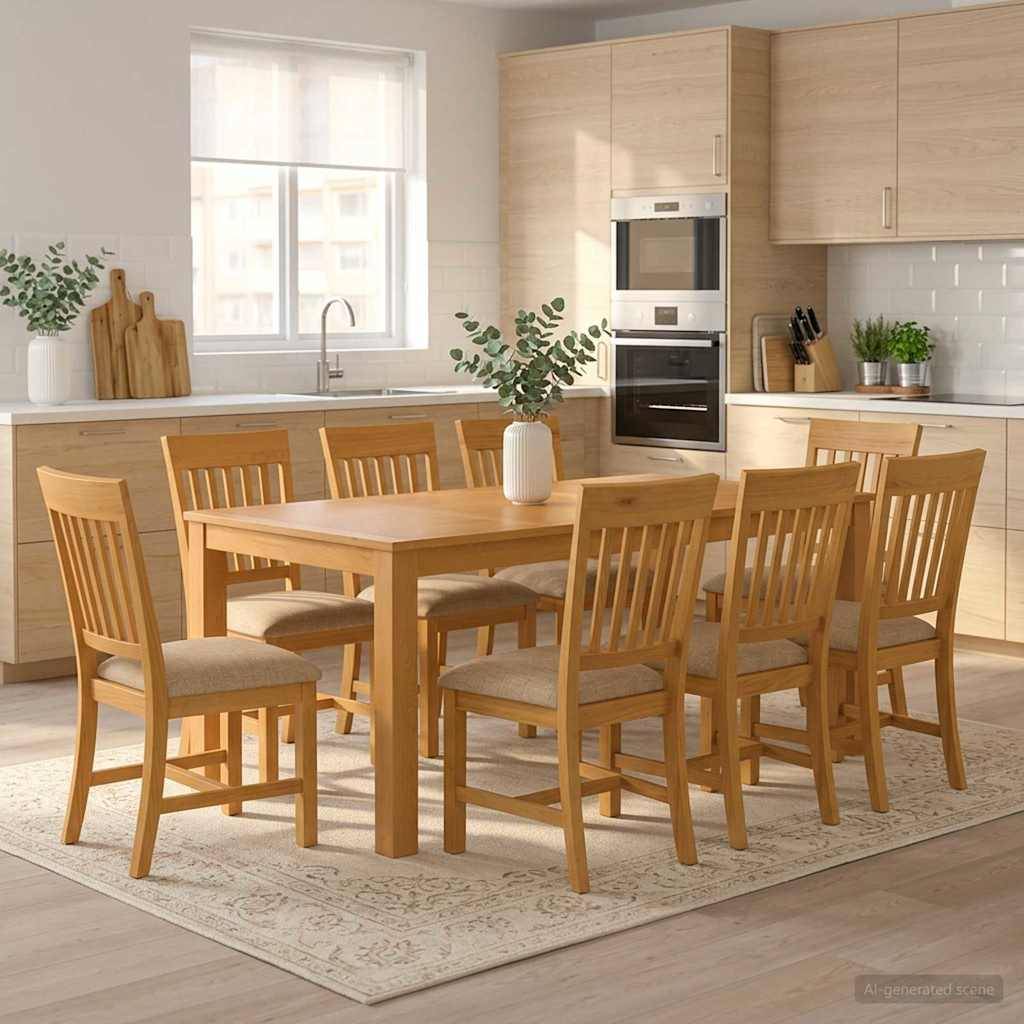 Modernes Esszimmer mit einem Holztisch und acht Stühlen auf einem hellen Teppich, eingebettet in eine helle Küche mit hellen Schränken, eingebautem Ofen und Fenster.