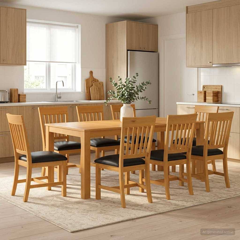 Holzesstisch mit acht passenden Stühlen in einer modernen Küche, mit hellen Holzschränken, einem Kühlschrank und einem Teppich.