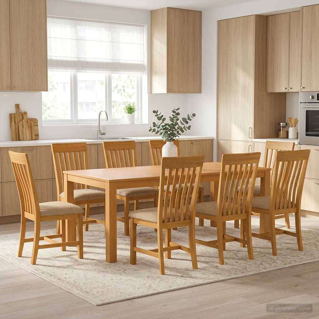 Helle moderne Küche mit einem Holzesstisch und acht passenden Stühlen auf einem hellen Teppich, zentriert unter einem Fenster und umgeben von hellem Holzschränken.
