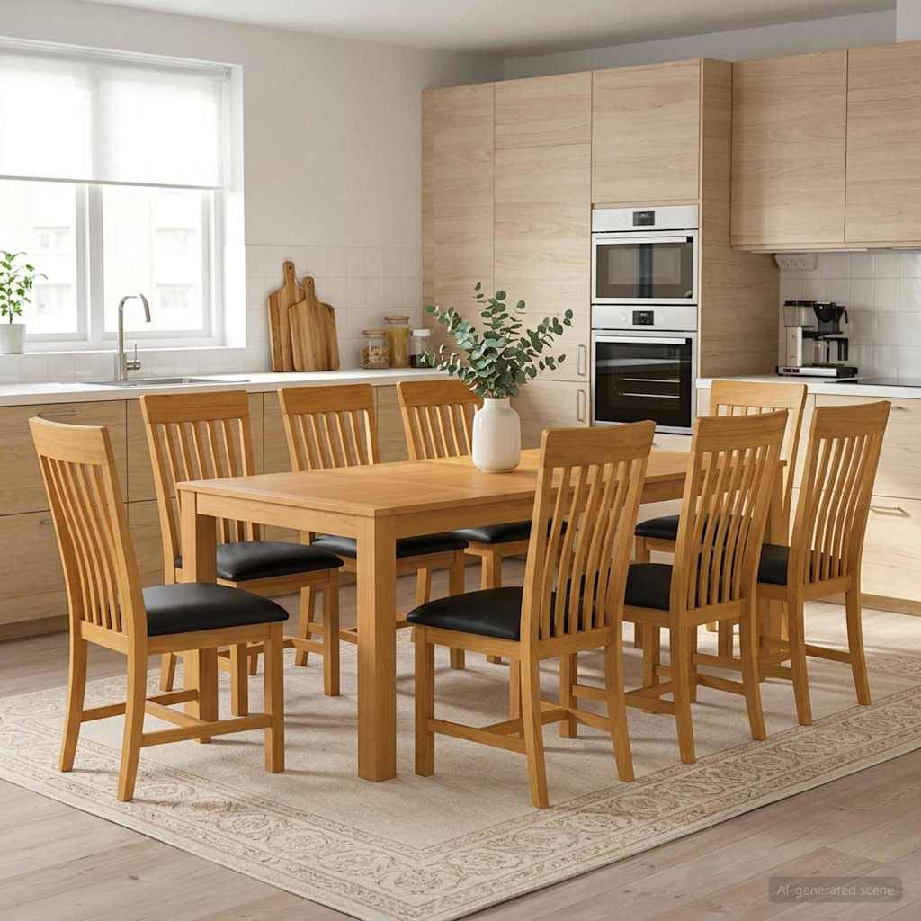 Modernes Küchen-Esszimmer mit einem rechteckigen Holztisch, acht Stühlen und einer Vasendekoration vor Einbauschränken und einem Fenster.