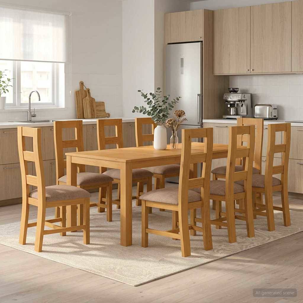Helles modernes Küchen-Esszimmer mit einem Holztisch, acht Stühlen und hellen Holzschränken, zentriert auf einem neutralen Teppich.