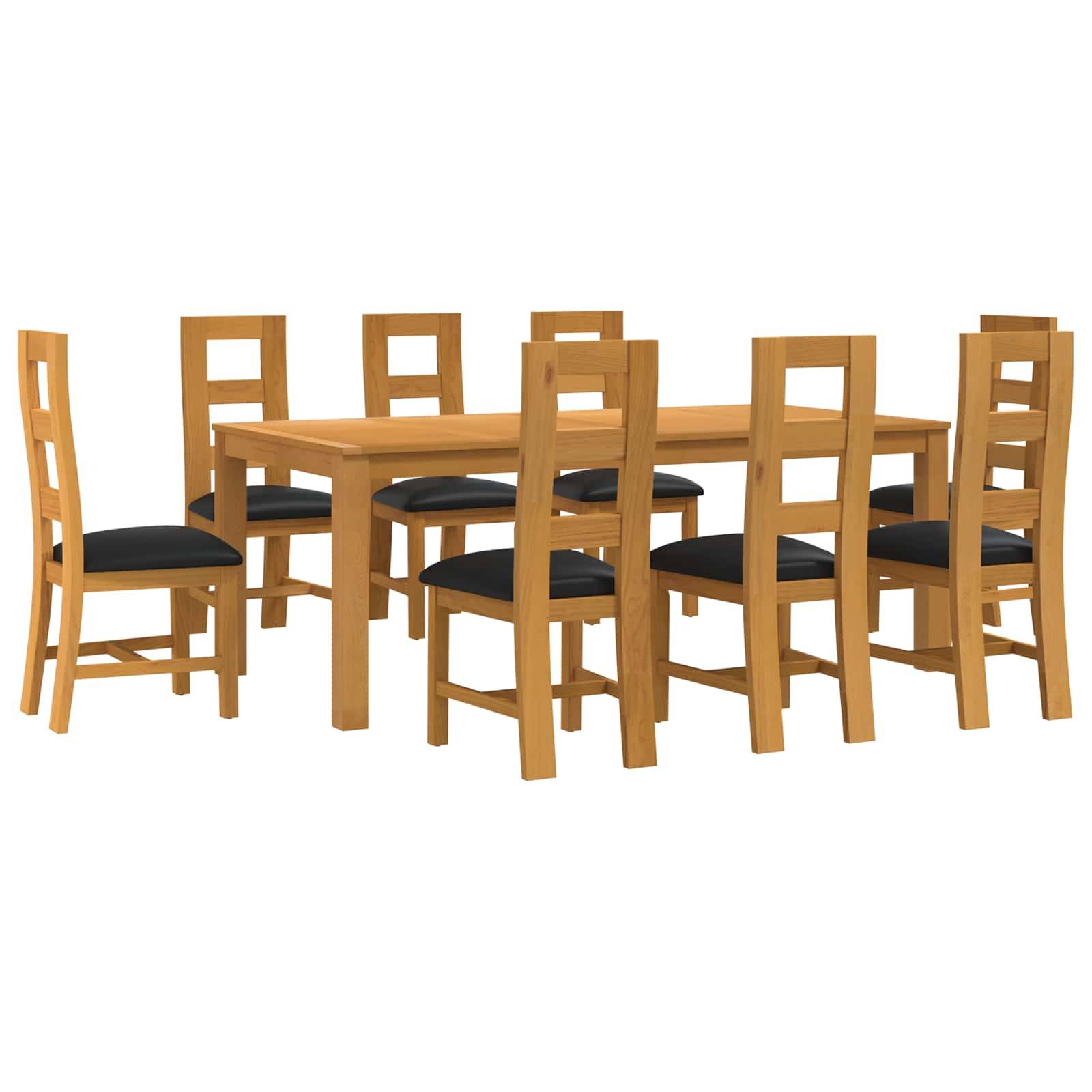 Holztisch mit acht passenden Stühlen, auf weißem Hintergrund dargestellt.