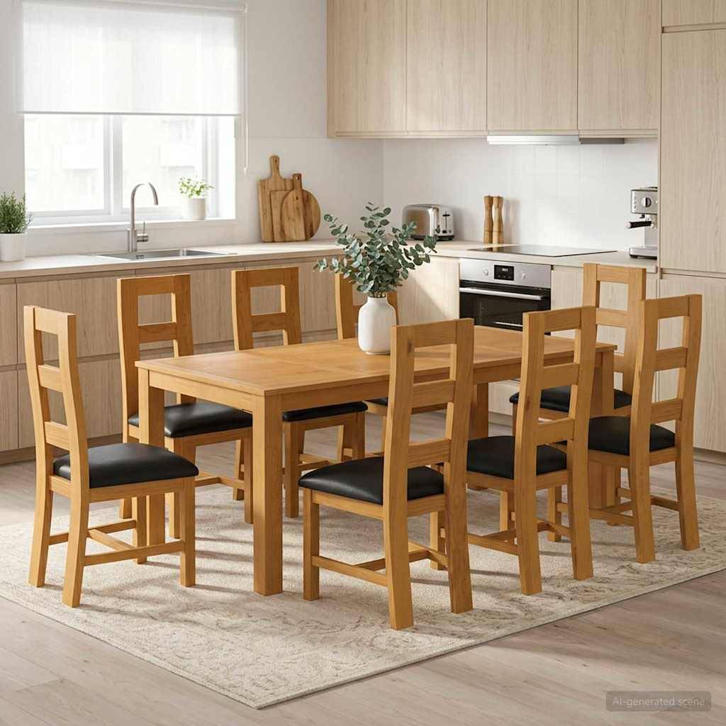 Modernes Küchen-Esszimmer-Set mit einem rechteckigen Holztisch, sechs Stühlen und einer Vasendekoration in einer hellen, minimalistischen Küche.