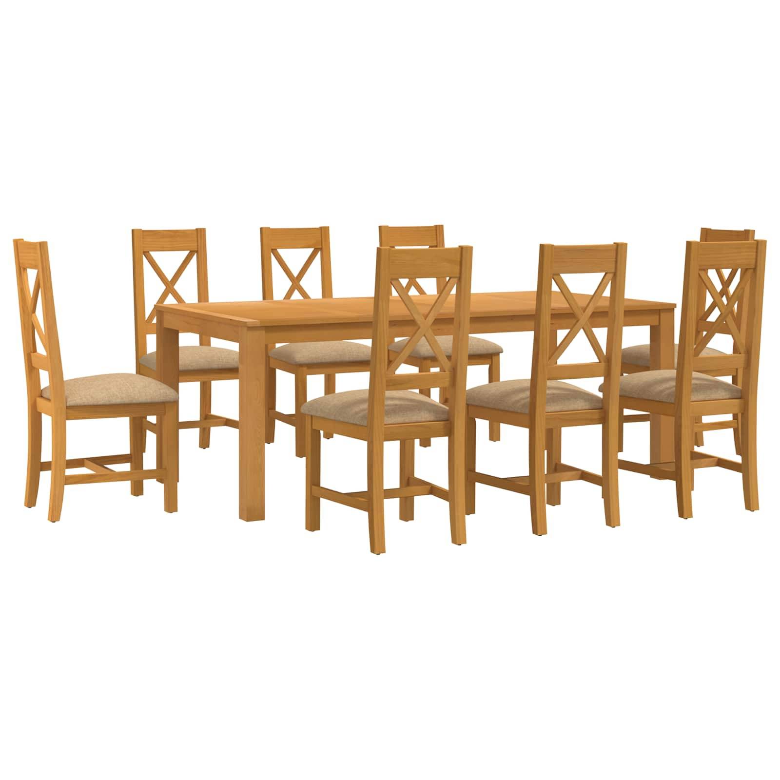 Holztisch zum Essen mit sechs passenden gepolsterten Stühlen auf weißem Hintergrund.