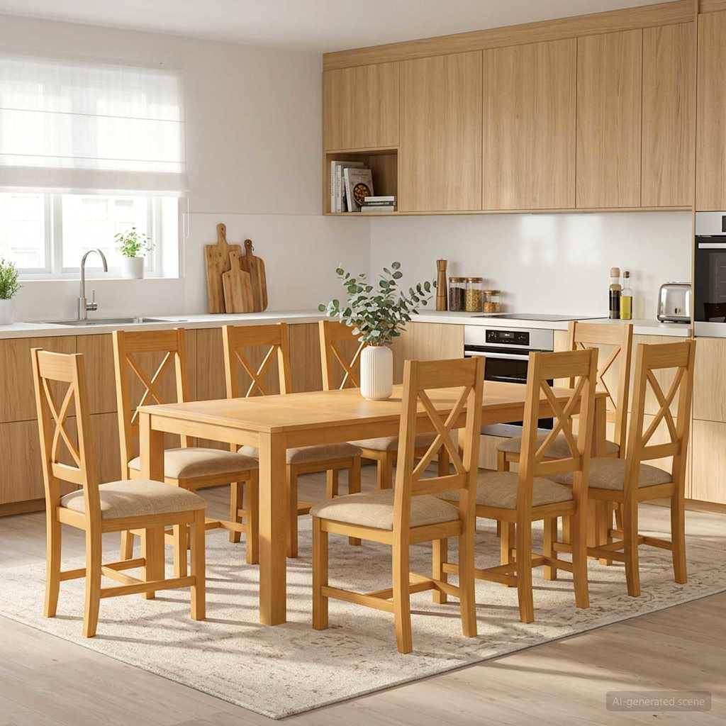 Helles modernes Küchen-Esszimmer mit einem Holztisch und sechs passenden Stühlen auf einem Teppich, hellholzfarbigen Schränken und einem großen Fenster über der Spüle.