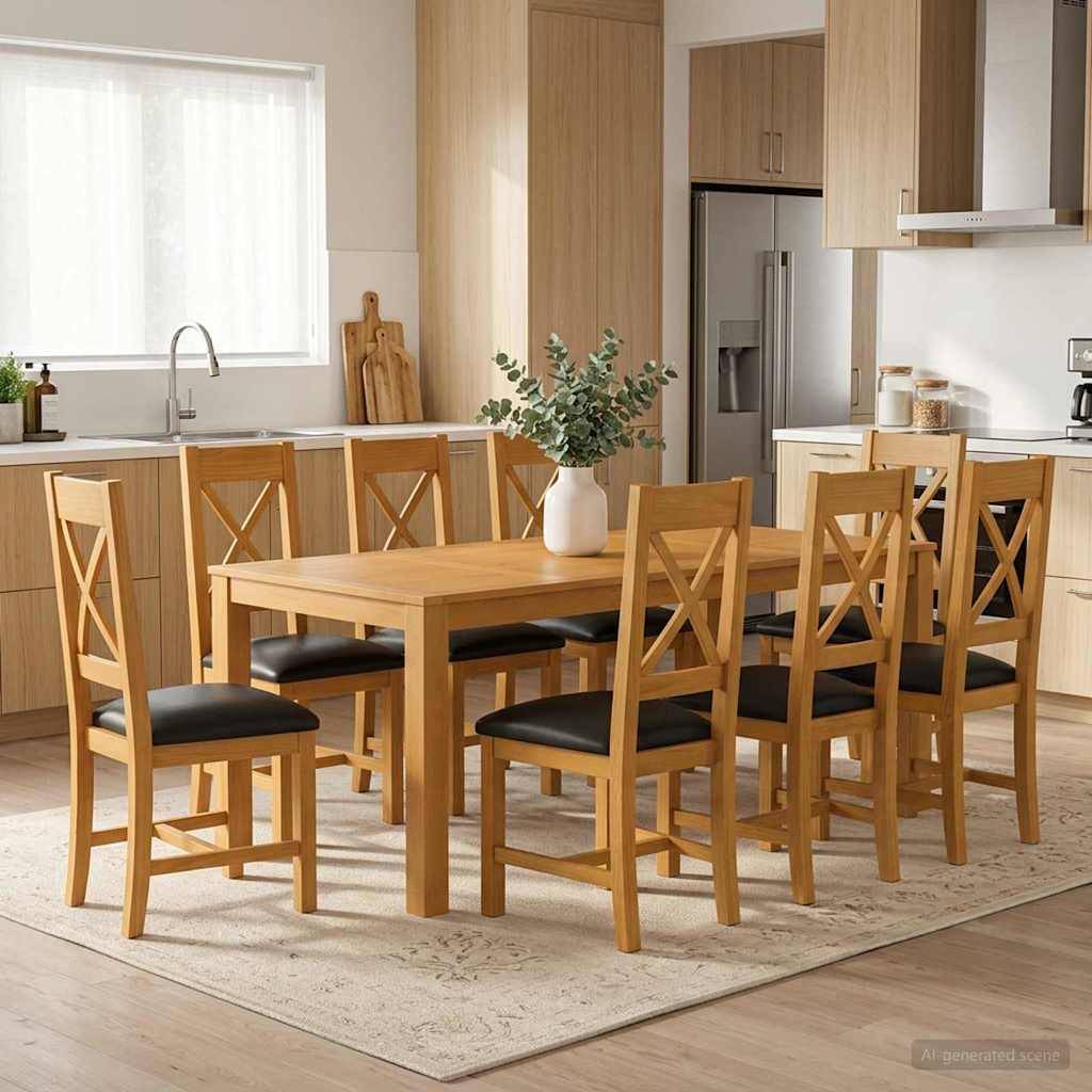 Moderne Küchen-Essbereich mit Holztisch, sechs Stühlen, weißen Schränken, Edelstahlkühlschrank und einer Vase als Mittelpunkt auf einem Teppich.