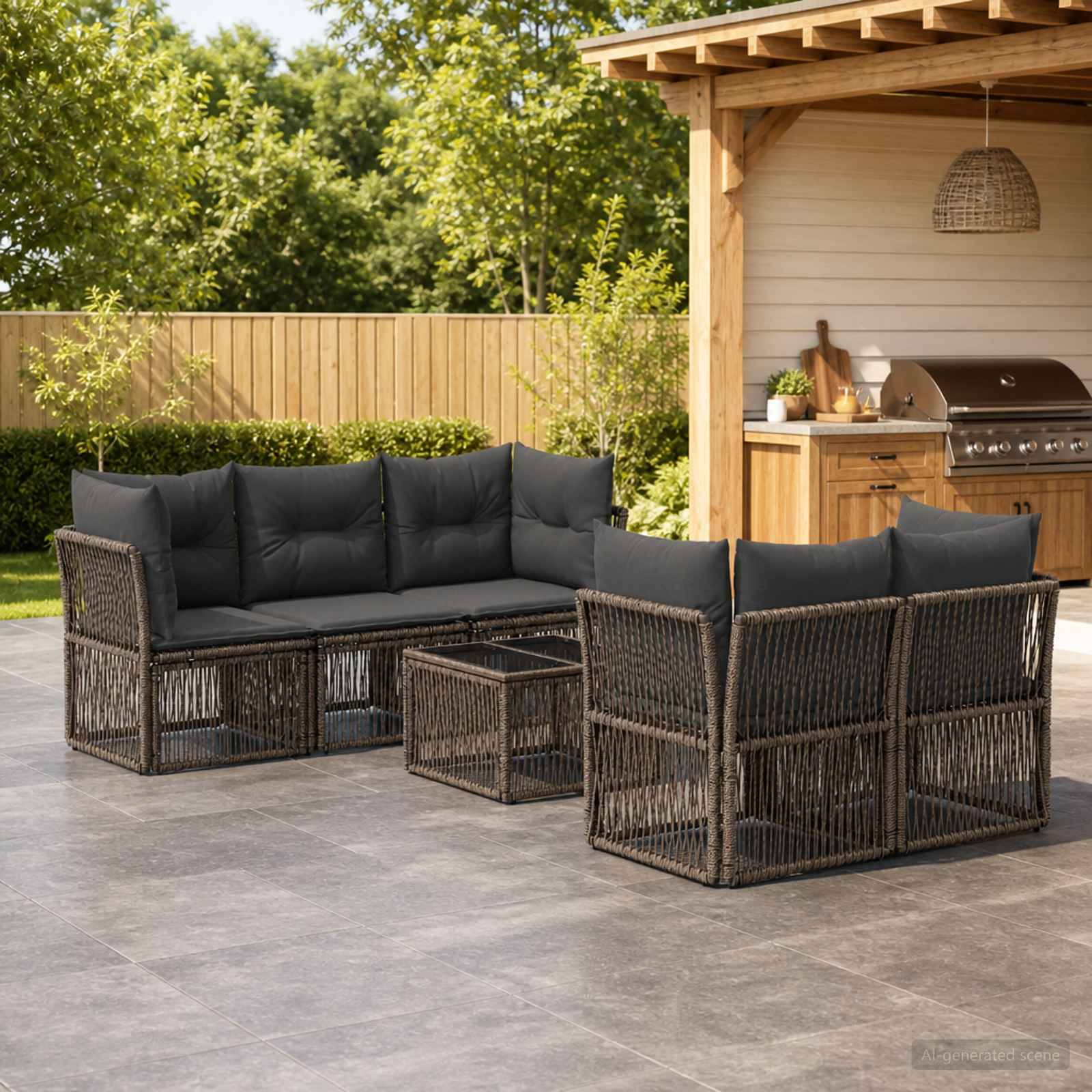 Gartenmöbel-Sitzbereiche mit dunklem Rattan-Ecksofa, Couchtischen und Kissen neben einer Grillecke im Hinterhof und einem Holzzaun.