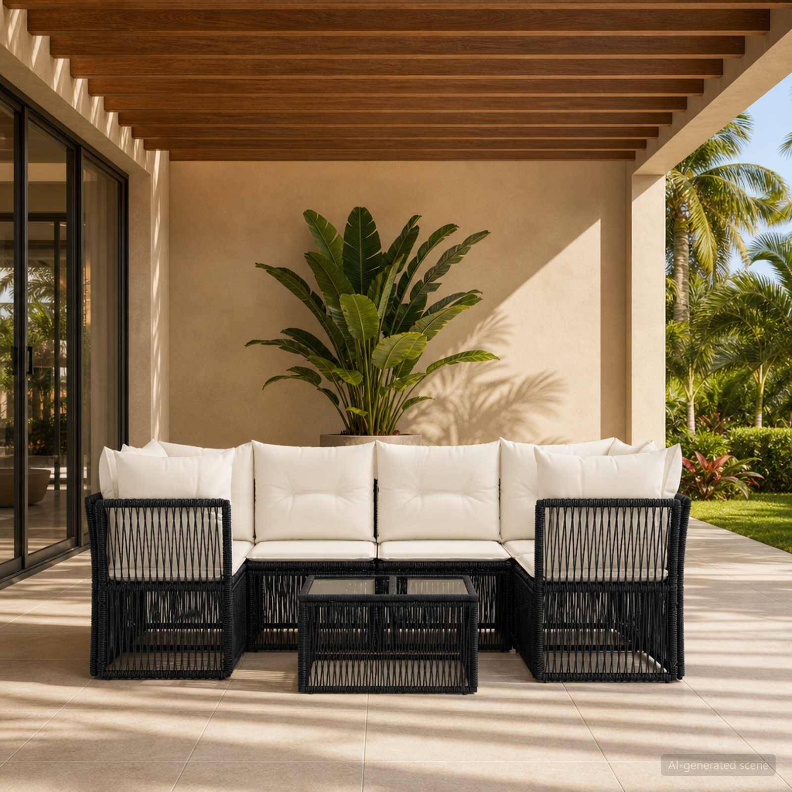Außenbereich-Sitzgruppe mit weiß gepolstertem schwarzem Rattansofa, Stühlen und Couchtisch unter einer Holzpergola, mit tropischen Pflanzen und Gartenblick.