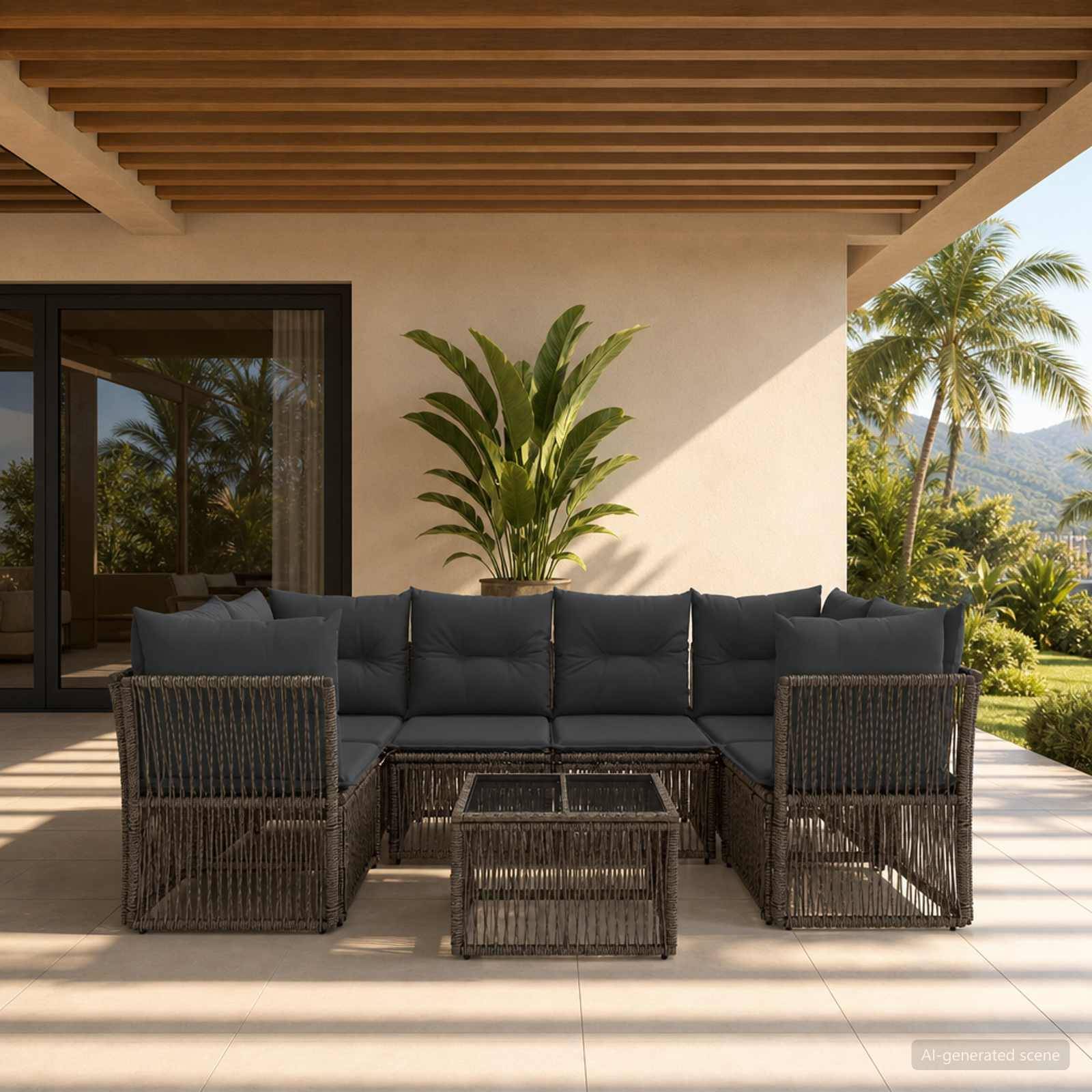 Terrassenbereich im Freien mit dunklem Korbgeflecht-Ecksofa und Glascouchtischen unter einer Holzpergola, mit Topfpflanzen und Palmen im Hintergrund.