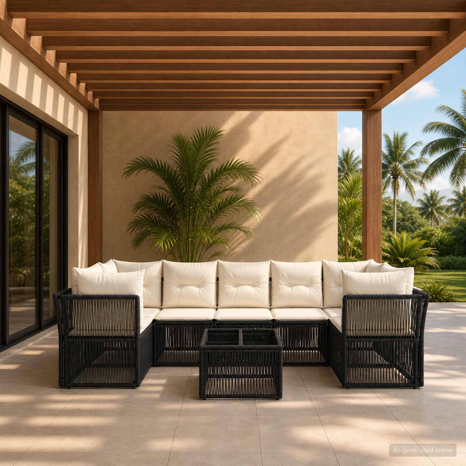 Außenterrasse mit einem schwarzen Korbgeflecht-Ecksofa, weißen Kissen und einem kleinen Couchtisch unter einer Holzpergola, mit Palmen im Hintergrund.