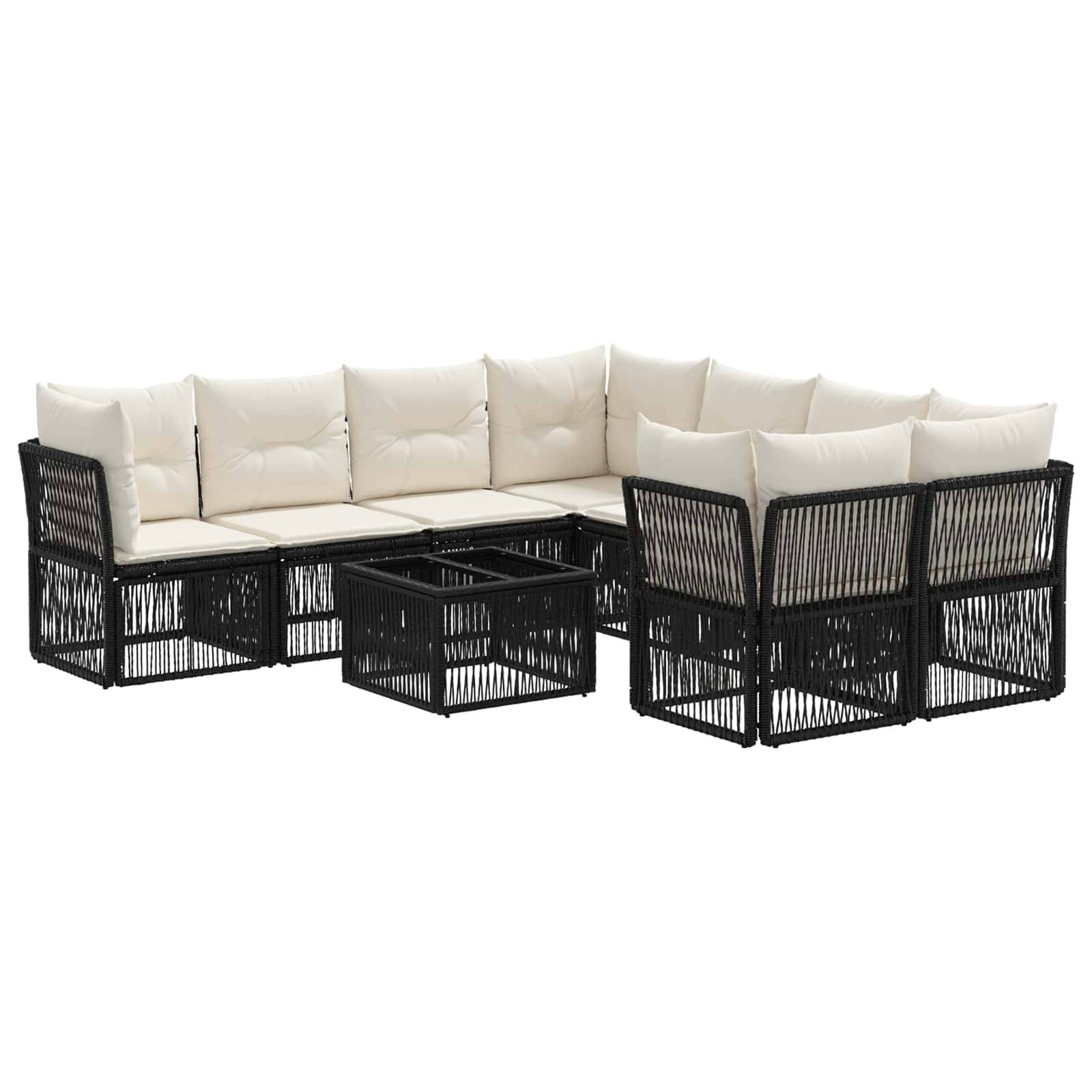 Schwarzes Rattan-Patio-Ecksofa mit cremefarbenen Kissen und passendem quadratischem Couchtisch, gezeigt auf weißem Hintergrund.