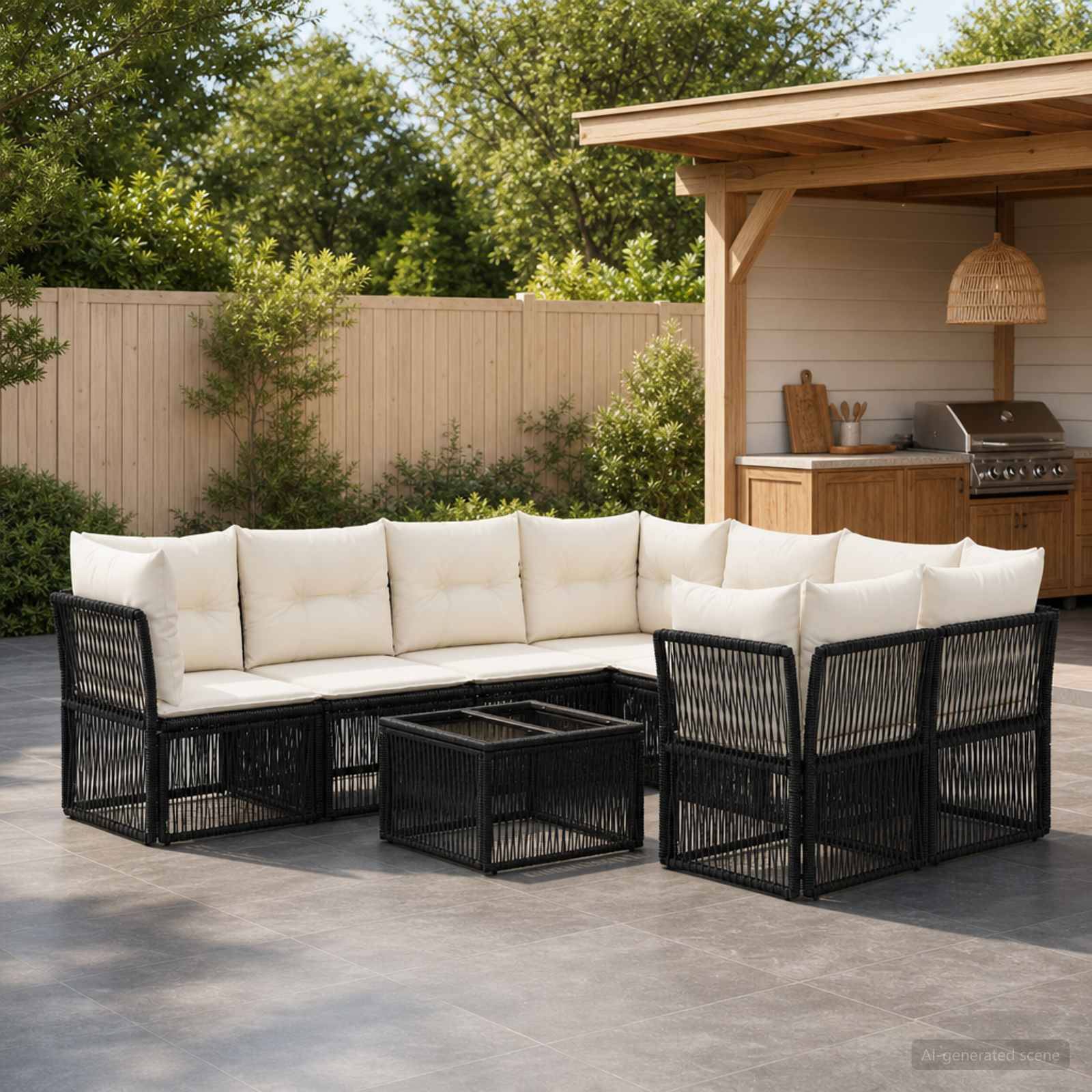 Outdoor-Terrassensektionalsofa mit weißen Kissen und schwarz geflochtenen Rahmen um einen quadratischen Couchtisch neben einer Außenküche im Garten und einem Zaun.