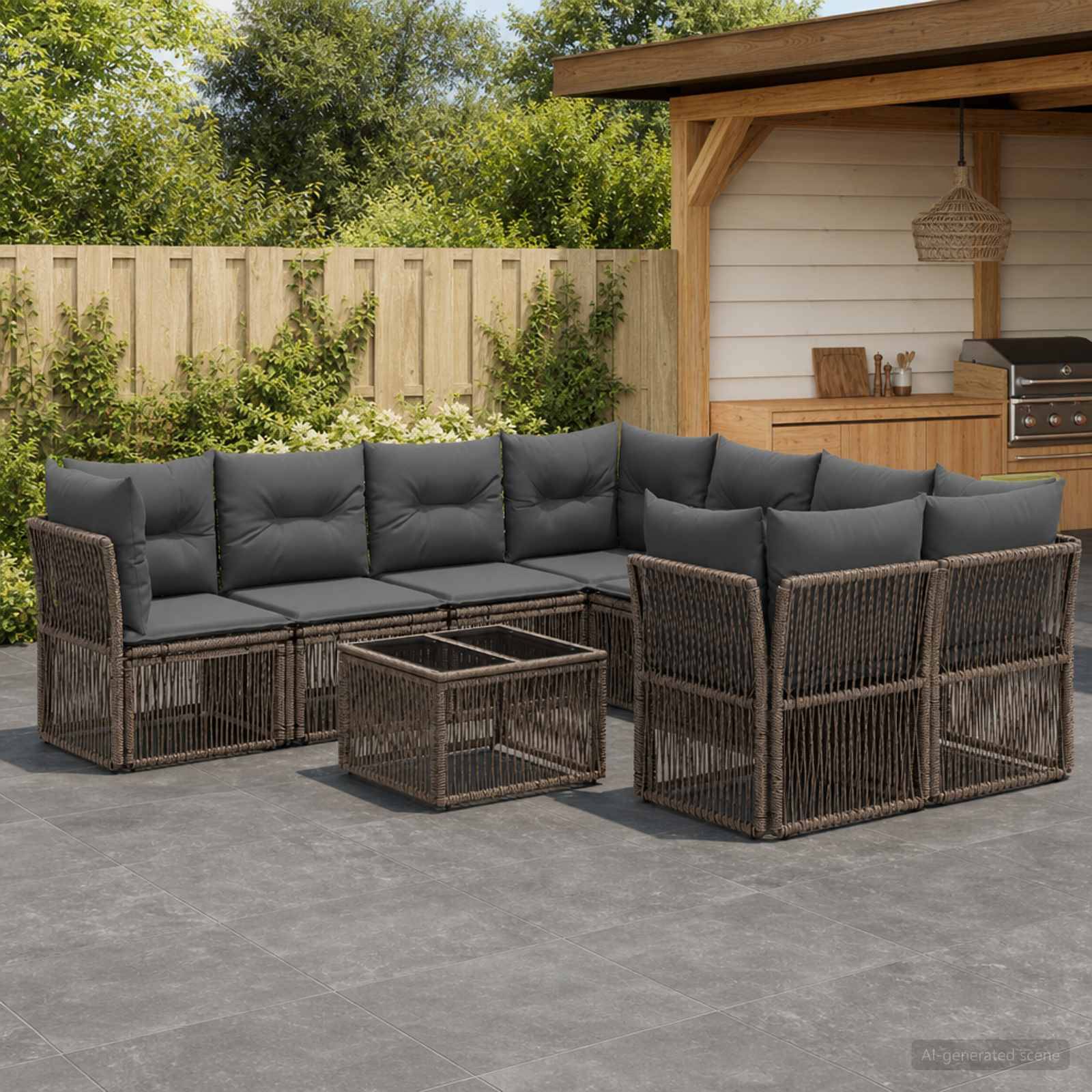 Outdoor-Polyrattan-Terrassensektionalsofa-Set mit dunklen Kissen und passendem quadratischem Couchtisch auf einer Terrasse neben einer Außenküche