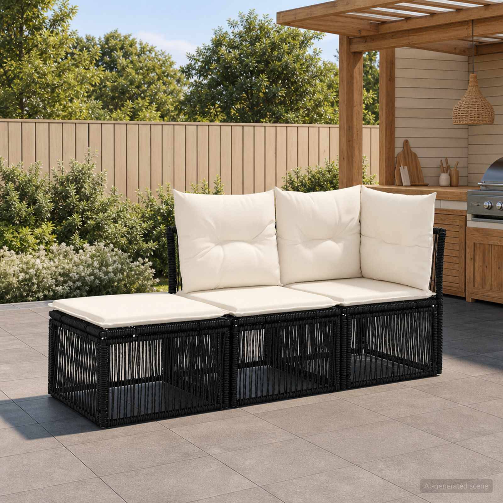 Schwarzes Rattan-Außensektionalsofa mit cremefarbenen Kissen auf einer Terrasse neben einer Holzlaube und einem Grillbereich.