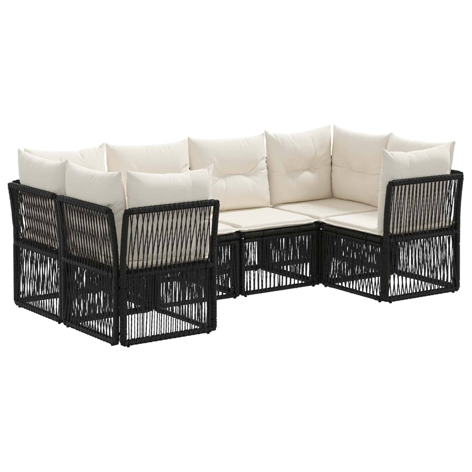 Schwarzes Korbgeflecht-Ecksofa mit cremefarbenen Kissen und modularer Eckbestuhlung