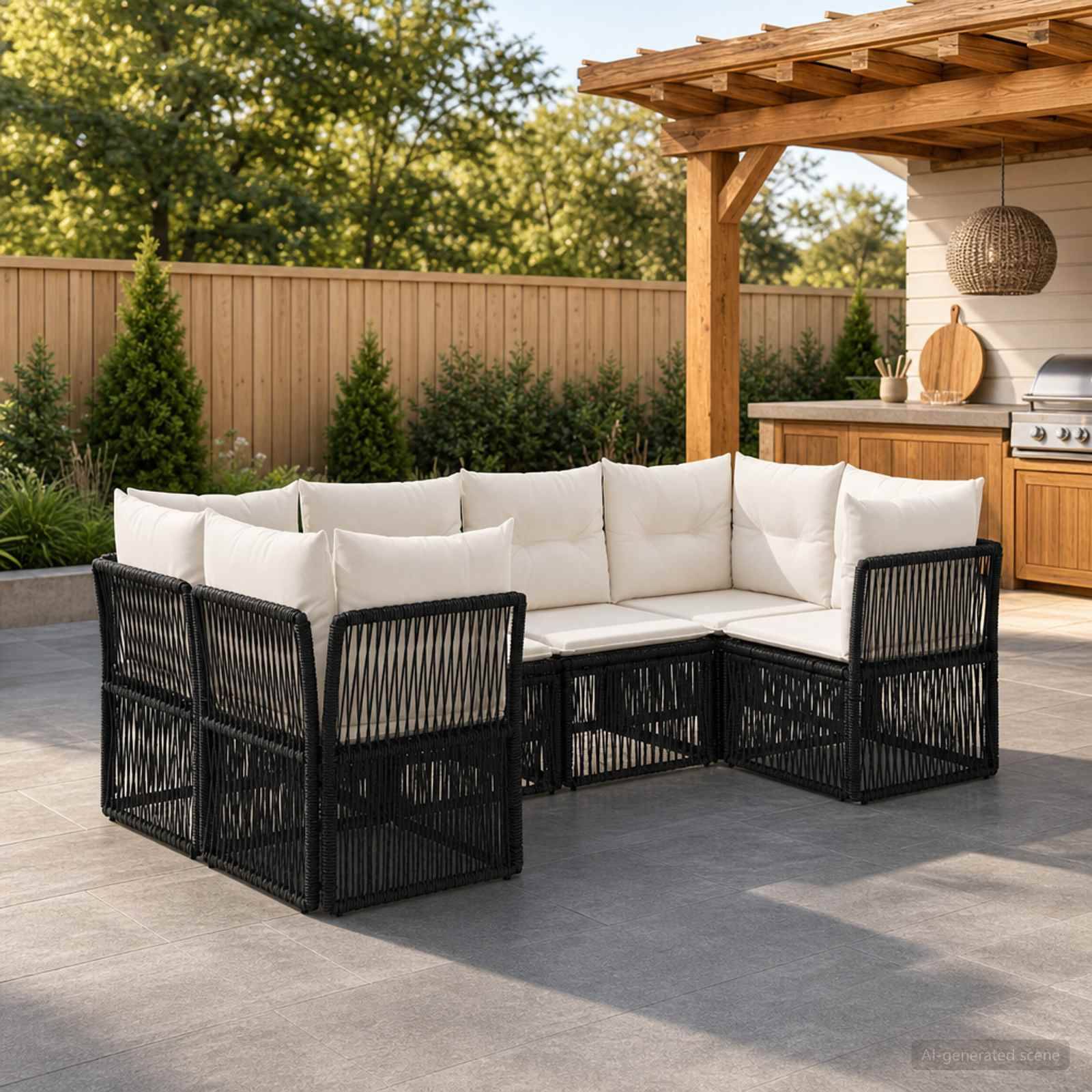 Outdoor-Terrassensofa in Sektionalform mit weißen Kissen und schwarzen Flechtrahmen unter einer Holzpergola, neben einem Außenküchenbereich im Garten.