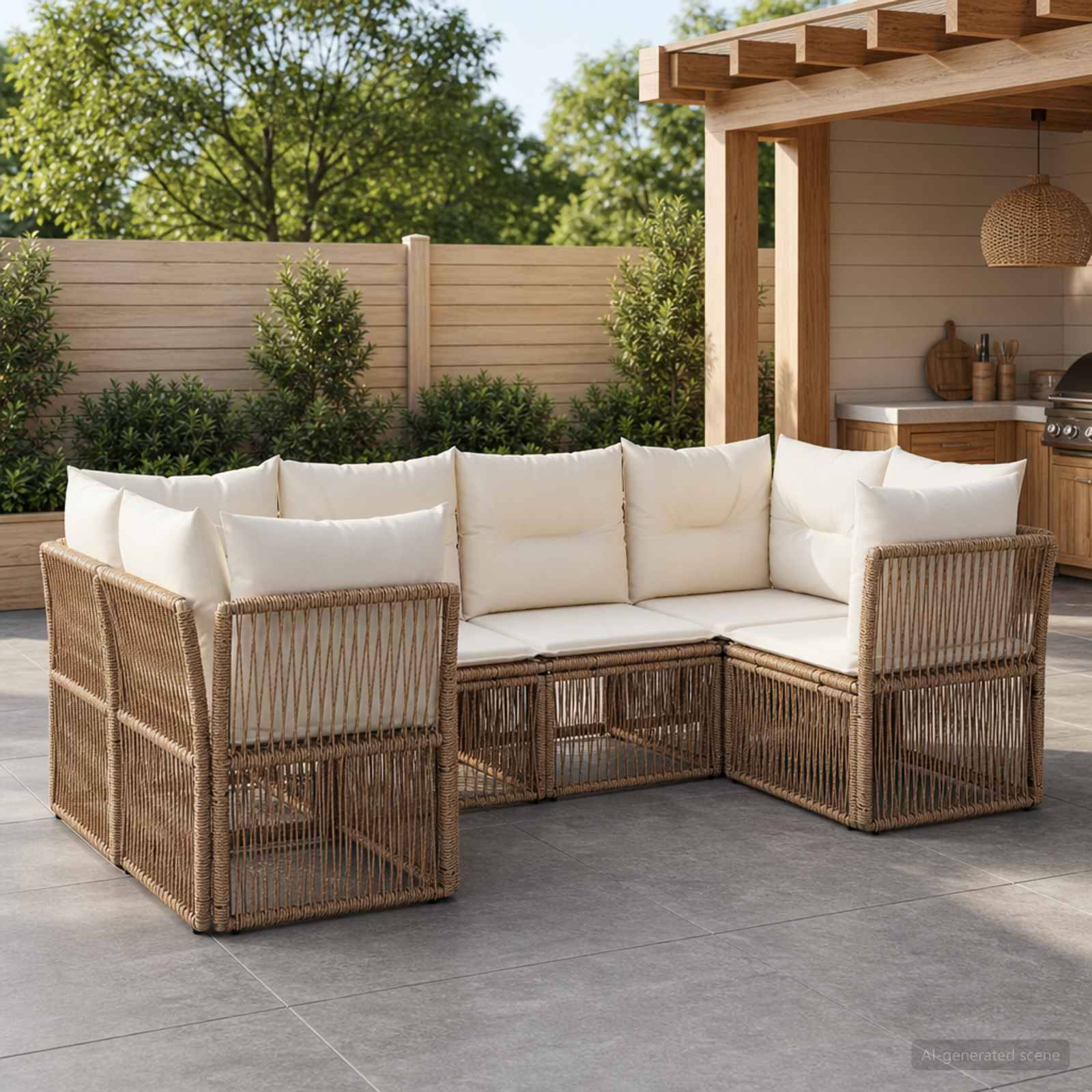 Outdoor-Rattanecksofa mit weißen Kissen auf einer Terrasse neben einer Pergola und einer Außenbar, mit einem eingezäunten Garten dahinter.