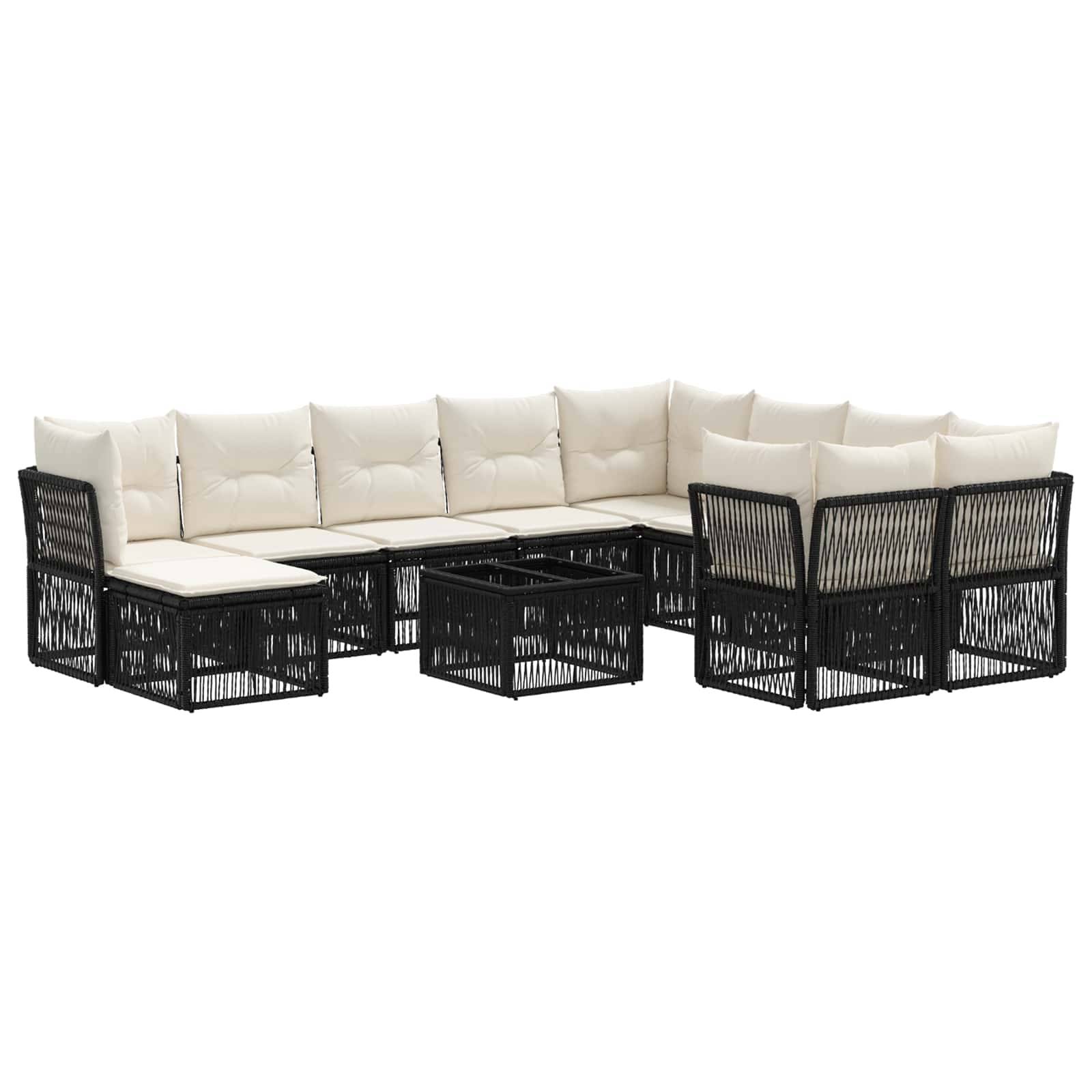 Schwarzes Rattan-Eckpatio-Sofaset mit cremefarbenen Kissen und passendem Glastisch-Couchtisch auf weißem Hintergrund