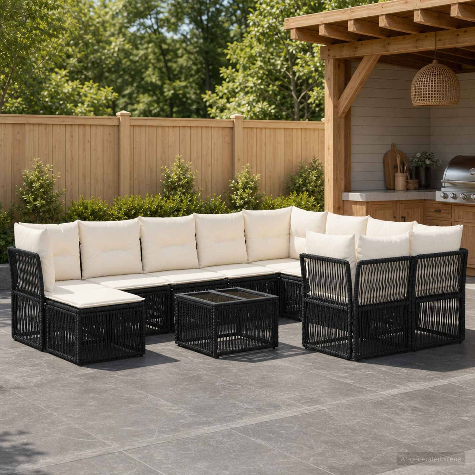Außenbereich mit Sitzmöbeln aus schwarzem Polyrattan-Ecksofa, cremefarbenen Kissen und passendem Couchtisch neben einer Holzpergola und einem Zaun.
