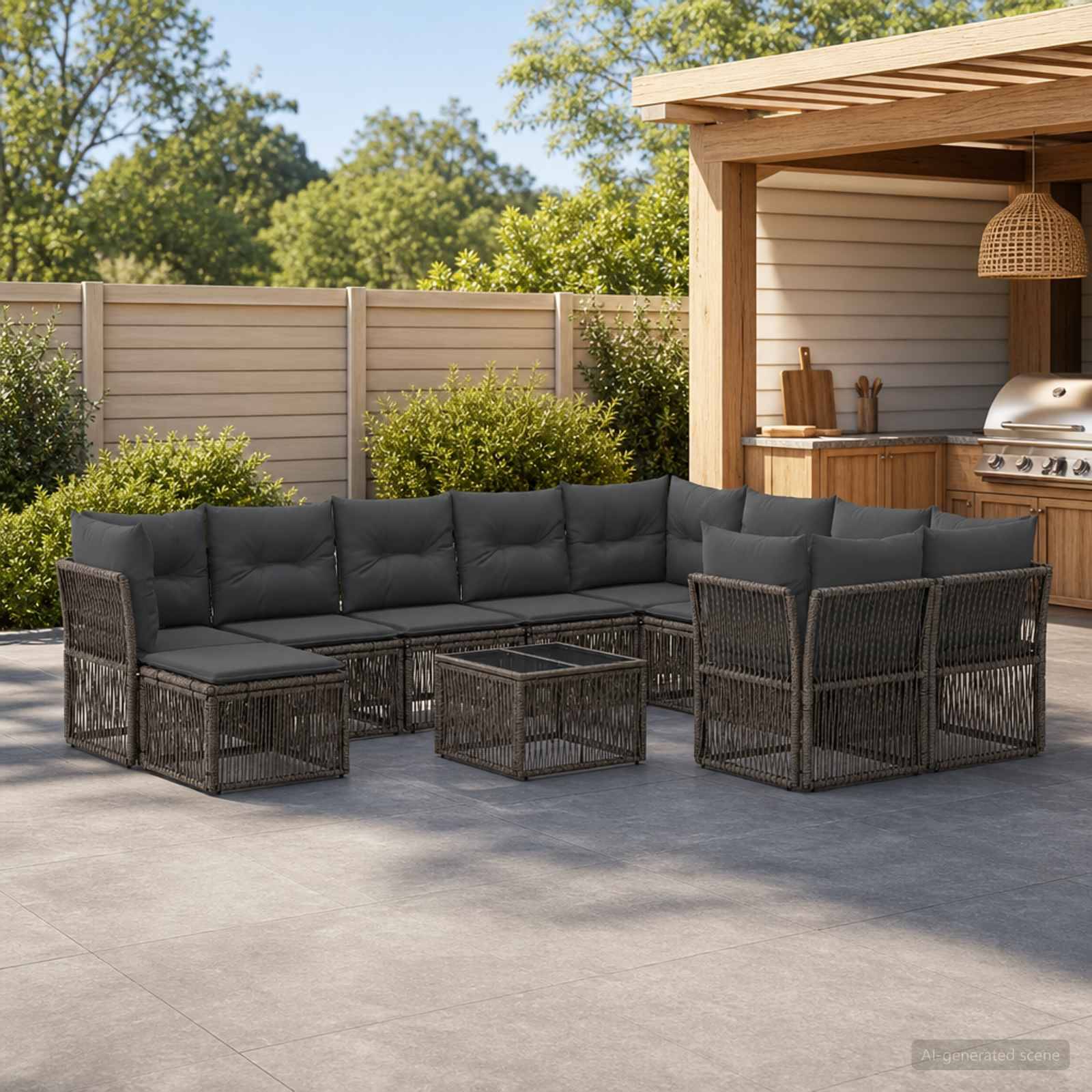 Außenbereich mit dunklem Rattan-Ecksofa und Couchtischen neben einem Holzgrill-/Schuppen-Bereich in einem eingezäunten Hinterhof.