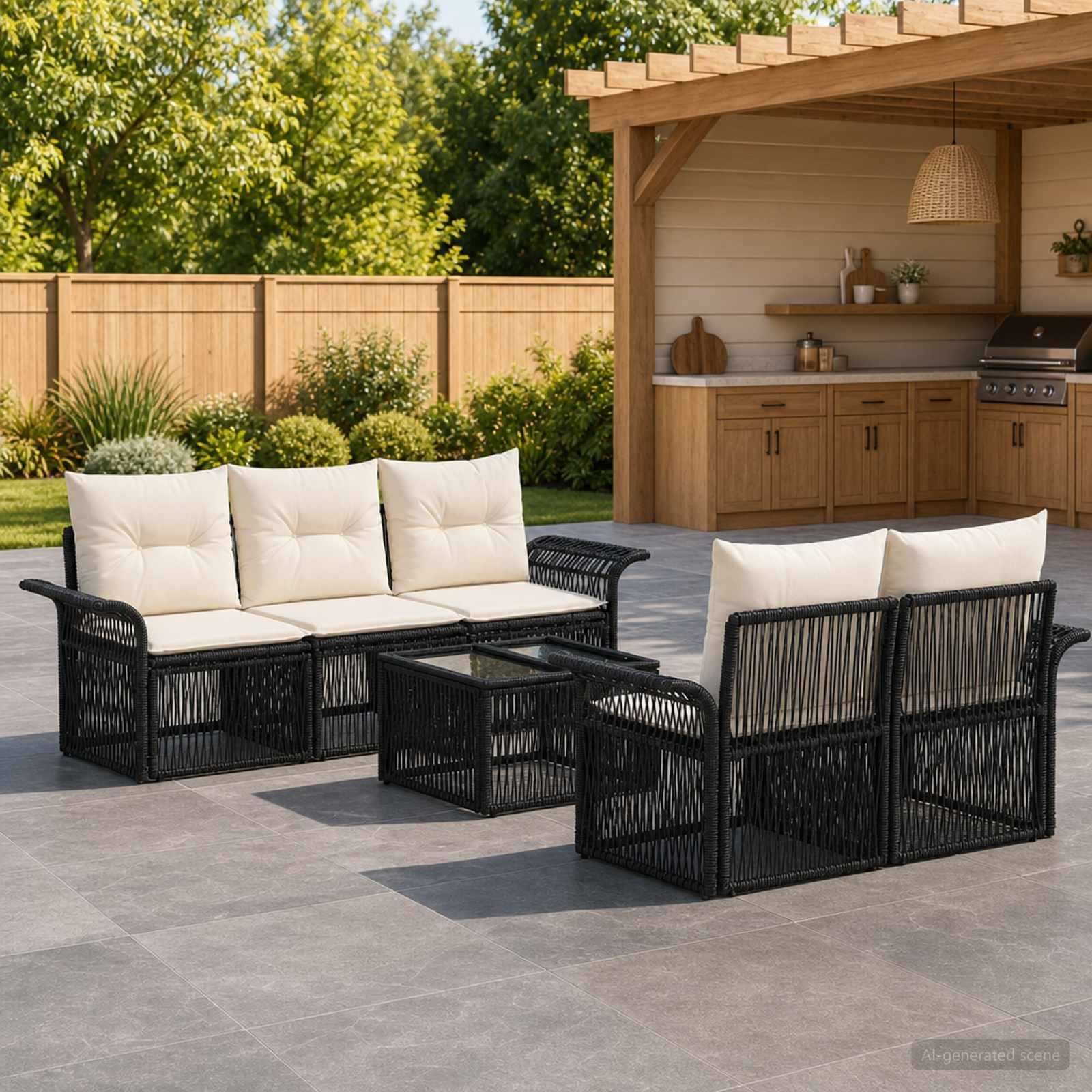 Möbel für die Außenterrasse mit schwarzem Polyrattan-Sofa, zwei Stühlen und Couchtisch auf einer gepflasterten Terrasse neben einem Holzbar-Unterstand und einem Zaun.