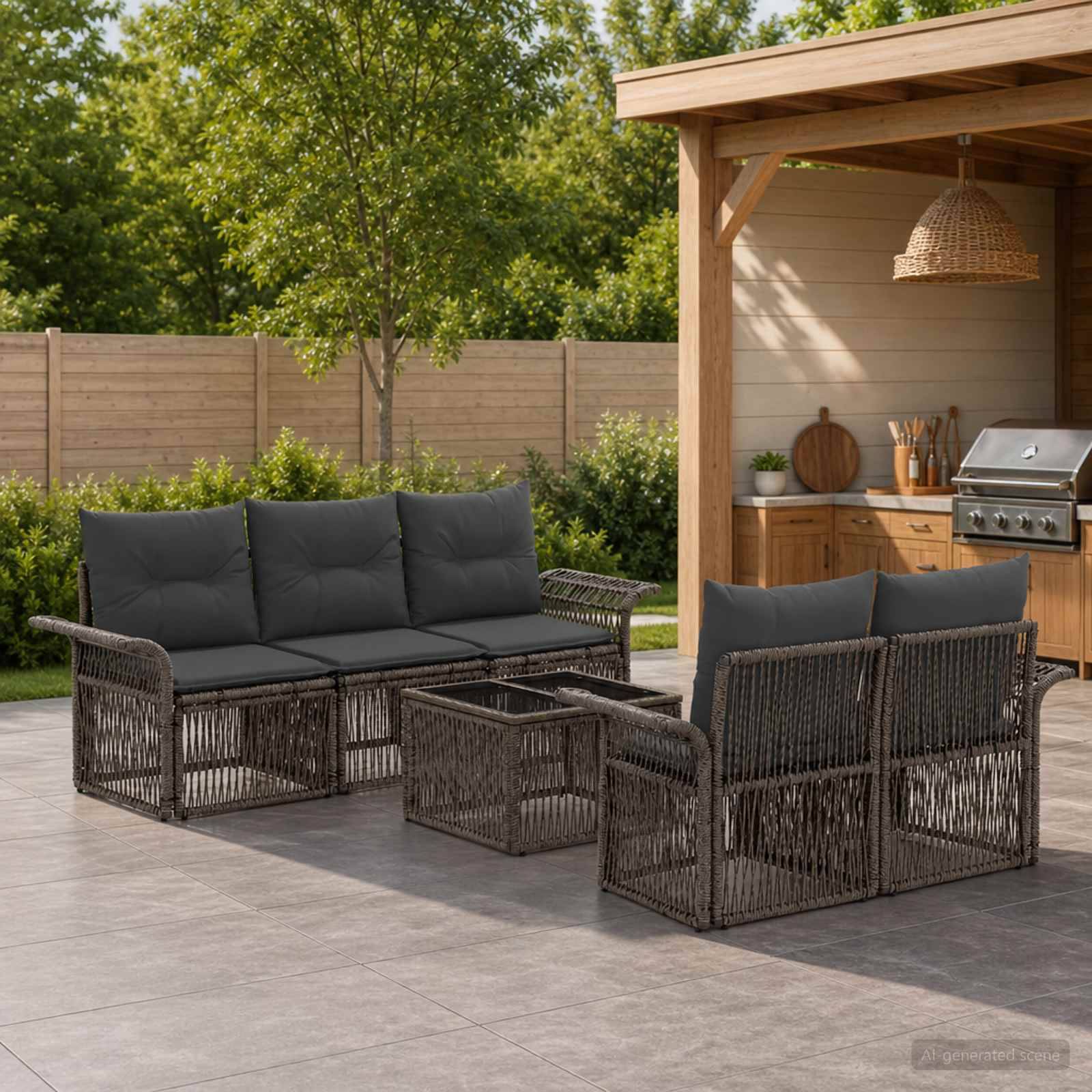 Terrasse im Freien mit Rattansofa, zwei Sesseln und Couchtisch neben einer Gartenküche und Grill unter einer Holzpergola.